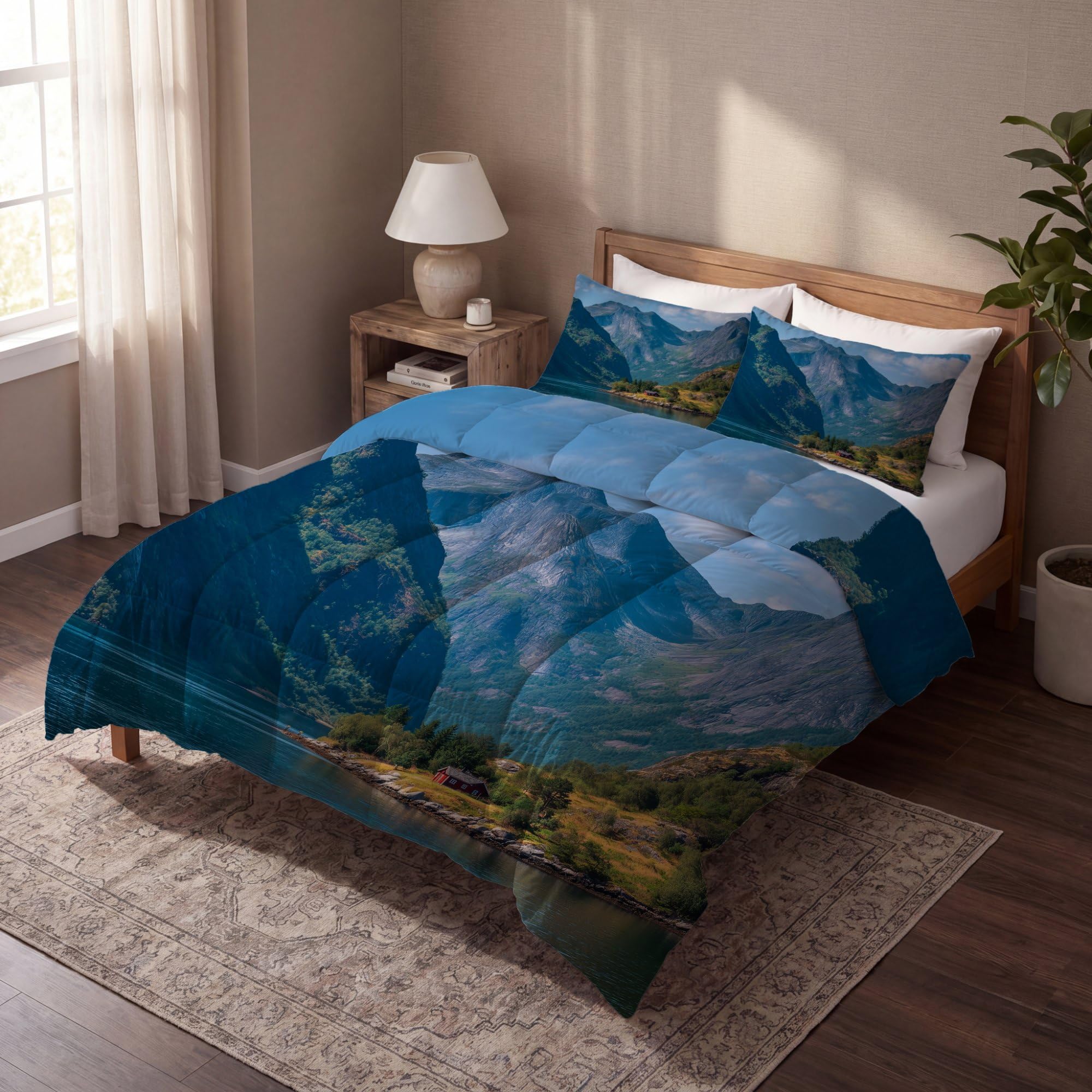 Landschaft Berge See Hütte Bettdecke Ohne Bezug 135x200 cm 4 Jahreszeiten Blau Bedruckte Decke mit 2 Kissenbezügen, Weiche Mikrofaser Steppdecke für Schlafzimmer