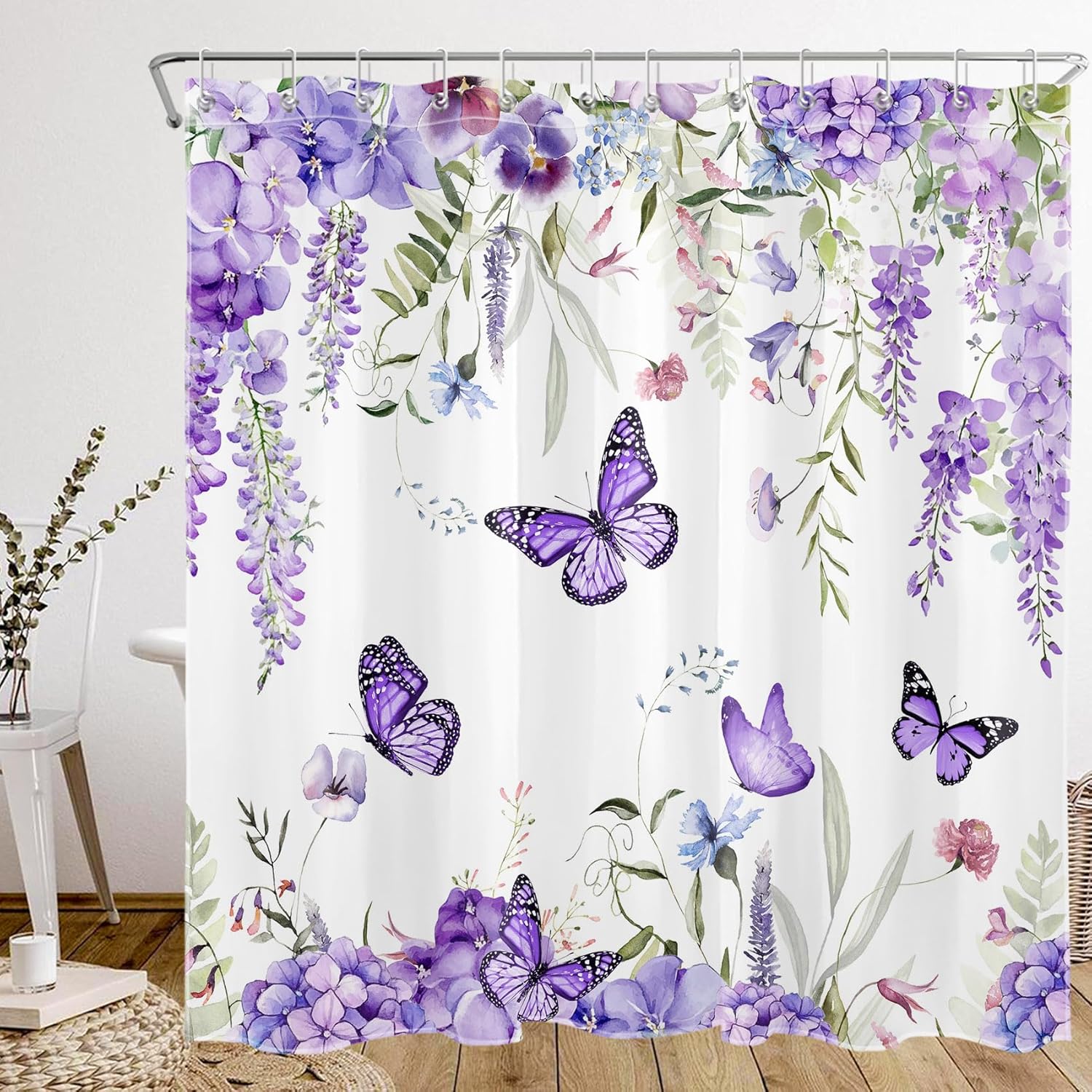 4 Pcs Purple Floral Bathroom Sets with Shower Curtain and Rugs Blue Flower Butterfly Leaf Plant on White Shower Curtain with Bathroom Carpet and Bath Mat Toilet Seat Set, 72x72 Inches