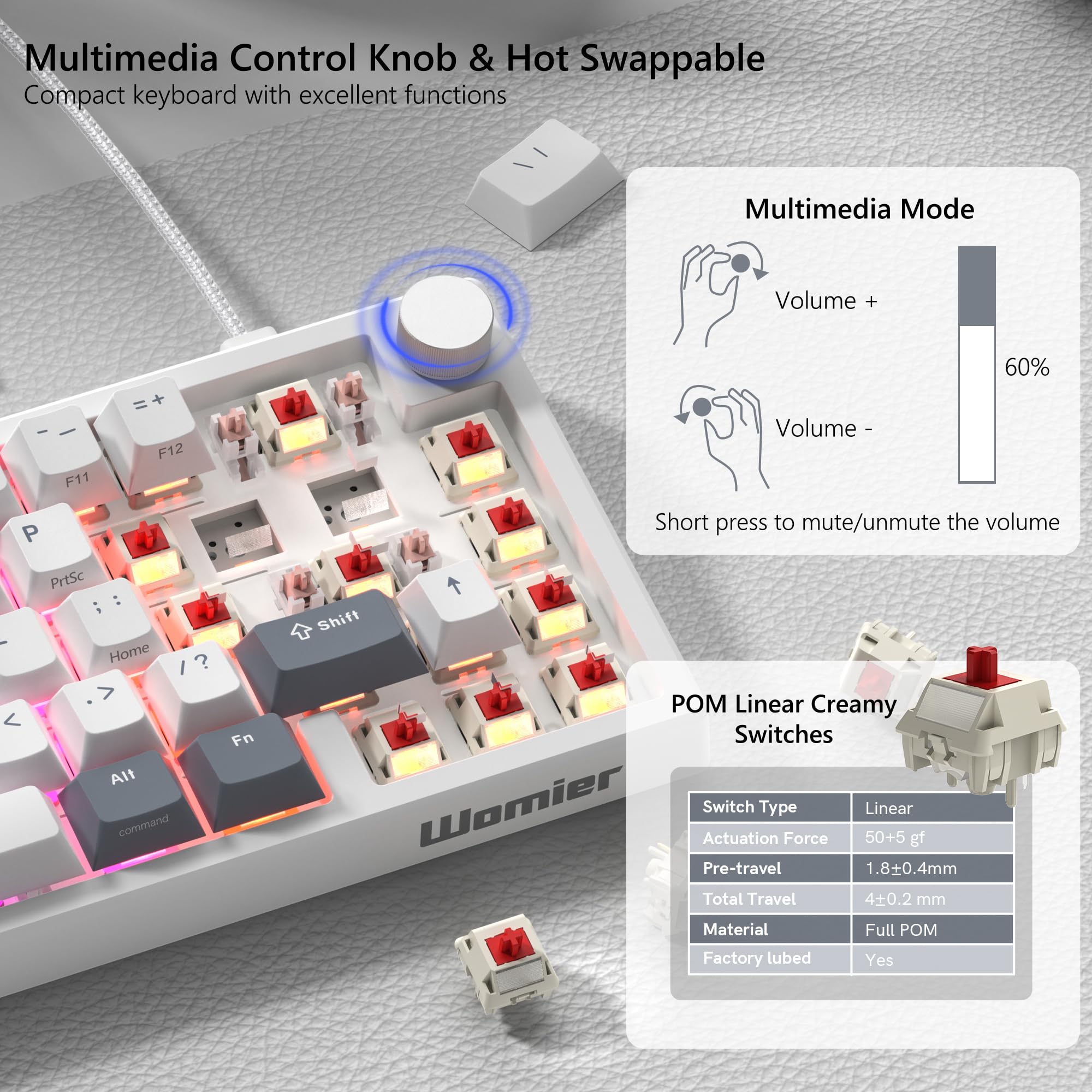 Womier Clavier de Jeu mécanique à 60% avec remplaçable à Chaud, Filaire, commutateurs linéaires Pom, LED crémeux, Touches PBT pour Mac/Win, Blanc