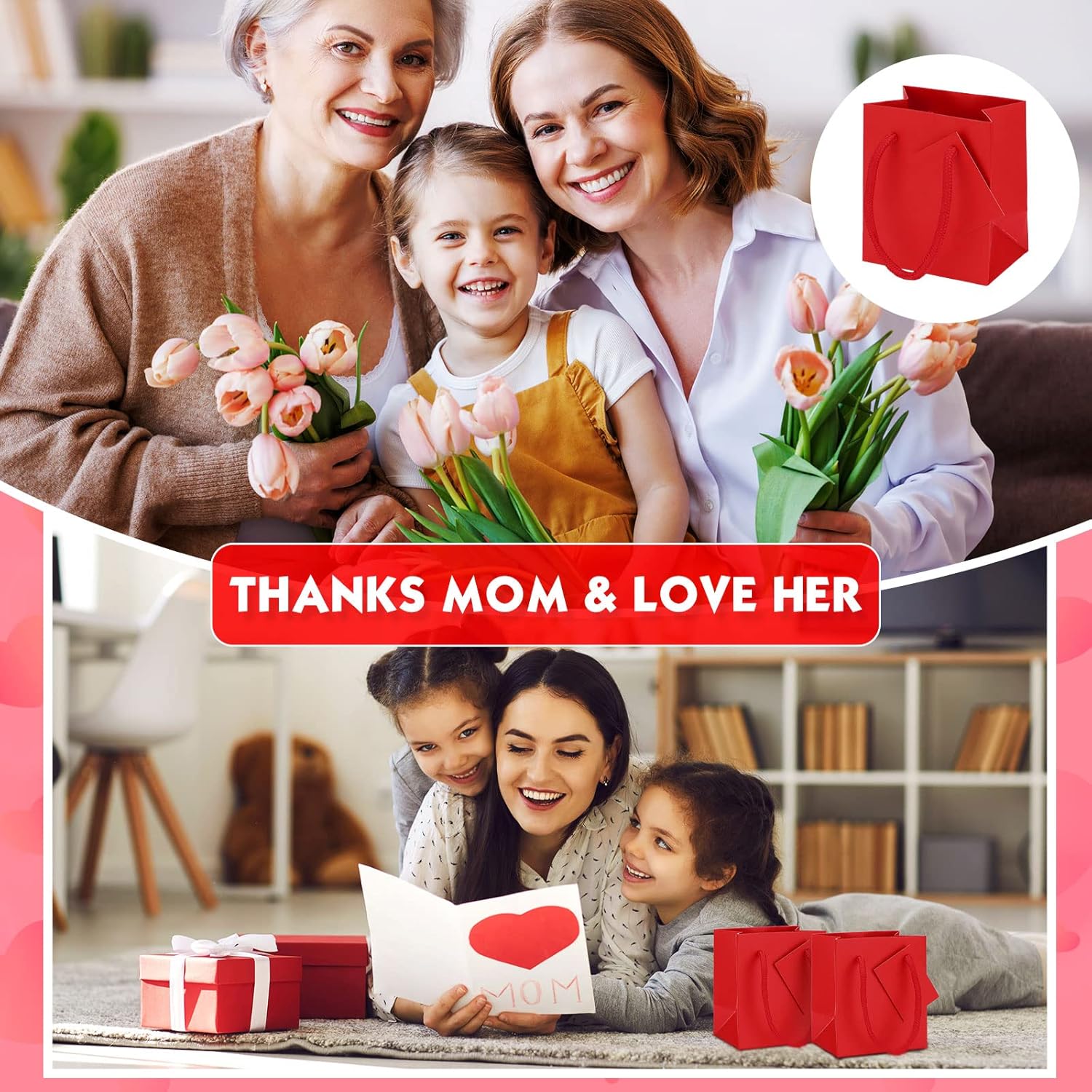 Zhehao 50 Pack Valentine's Day Mini Gift Bags Bulk 4x2.75x4.5 Tiny Extra Small Paper Thank You Gift Bags with Handles and Tags for New Year Birthday Party Favors Boutique Business(Red) - Image 4