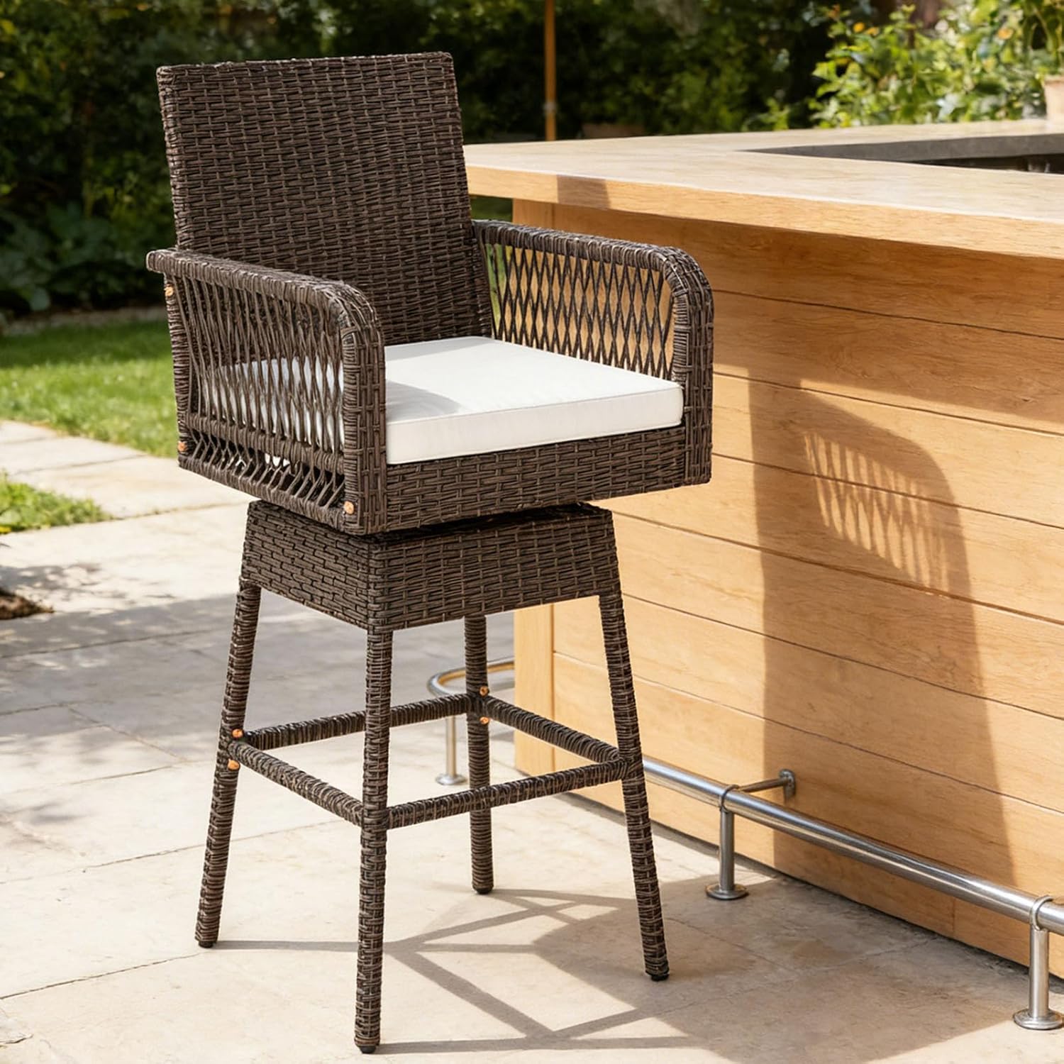 COSTWAY Outdoor Wicker Bar Stools, 29'' Swivel Rattan High Top Chairs with Cushions, Armrest and Backrest, Patio Bar Height Chairs for Poolside, Backyard, Deck (1)