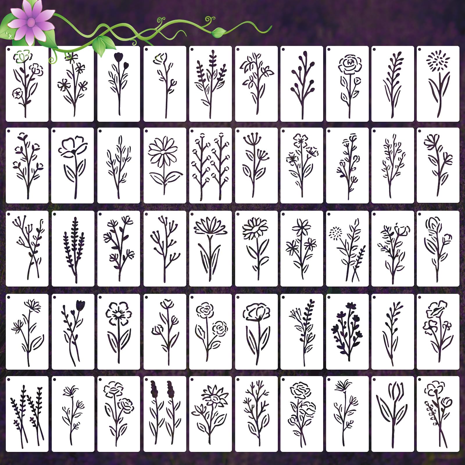 50Pcs Botanical Flower Stencils for Crafts, Reusable Stencil Crafts Drawing Templates for Painting, Wall Paper Wildflower Floral Paint Stencil Set for DIY Art Scrapbook Home Decor