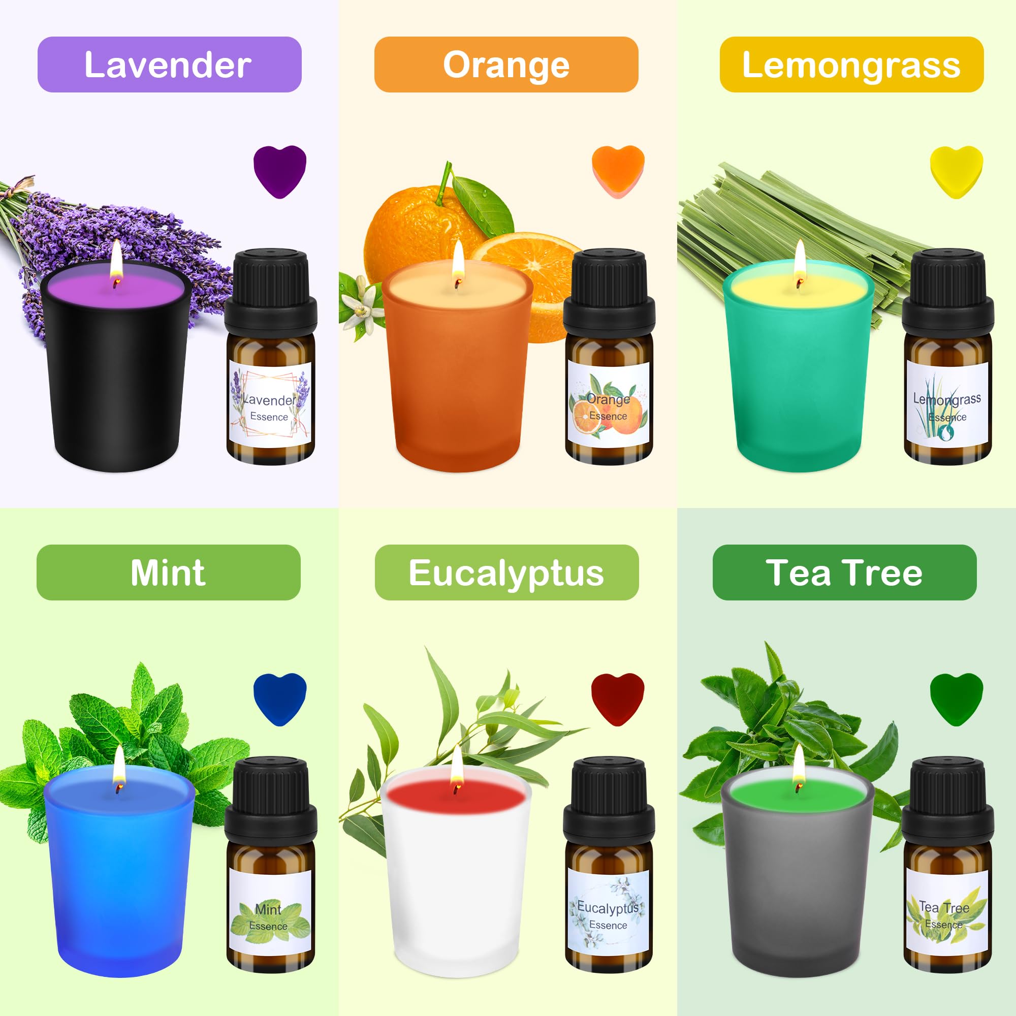 KERCAMKEL Kit para hacer velas,kit para hacer velas aromáticas,Kit de Regalo Bricolaje,6 vasos con tapa de madera,cera de abeja 480g,6 aceites esenciales,8 colores de cera de vela,100 Mechas de Velas