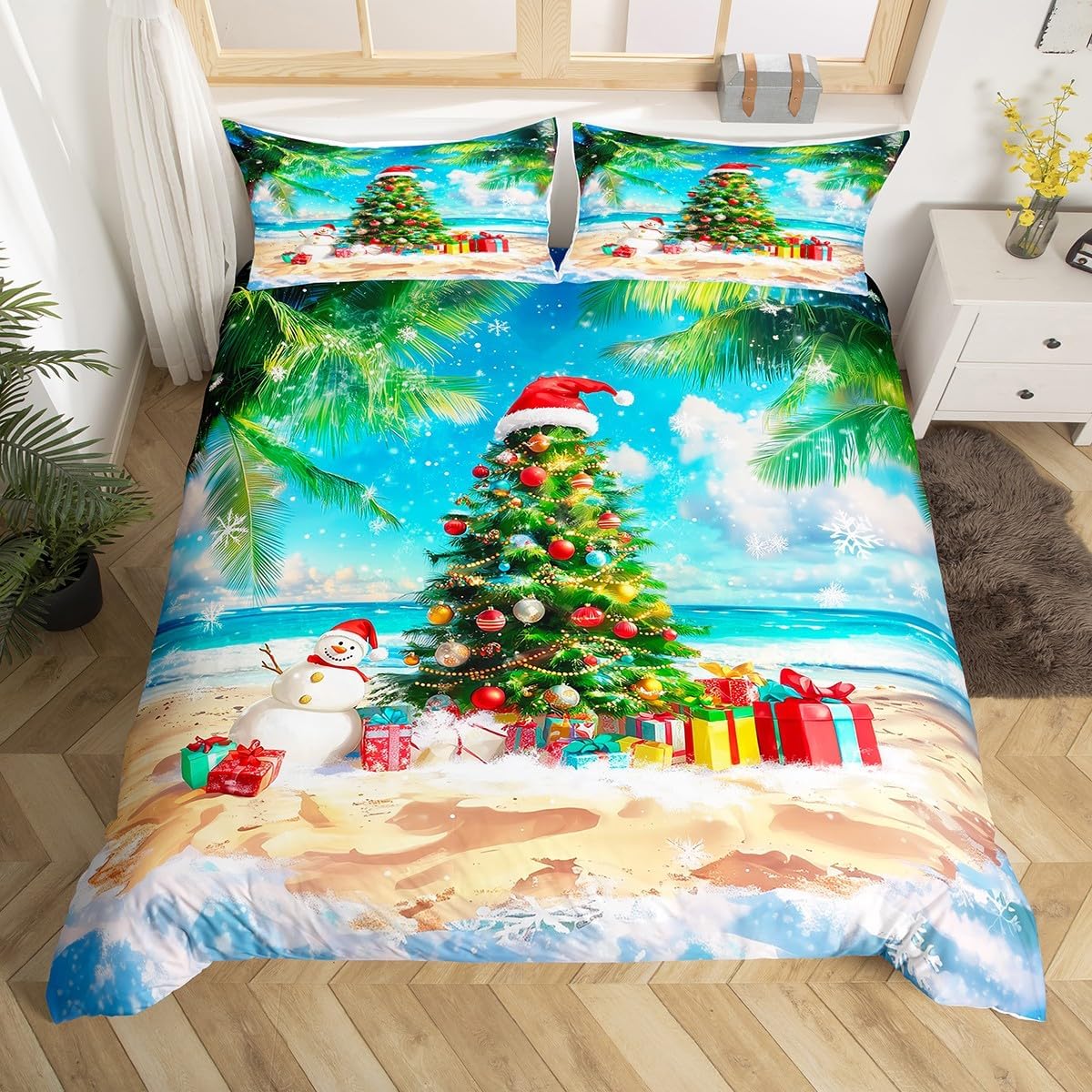 Hawaii Beach Duvet Cover Set Queen,Christmas Tree Snowman Bedding Set Kids Girls Boys Room Decor,Ocean Xmas Theme Comforter Cover 3Pcs,Palm Tree Coast Merry Christmas Bedspreads Cover,2 Pillowcases