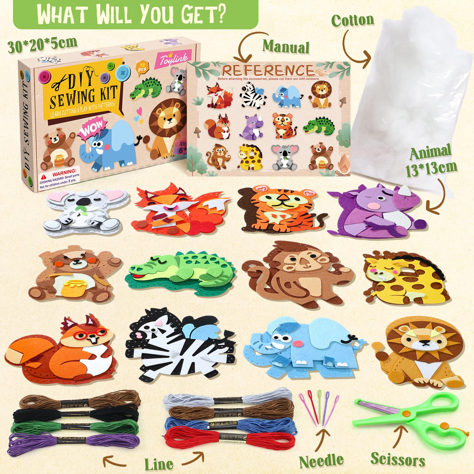 Toylink Kit Couture Enfant, Kit Créatif Bricolage avec 12 Feutres & Aiguilles Plastique, Cadeau 5-10 Ans Fille Garçon