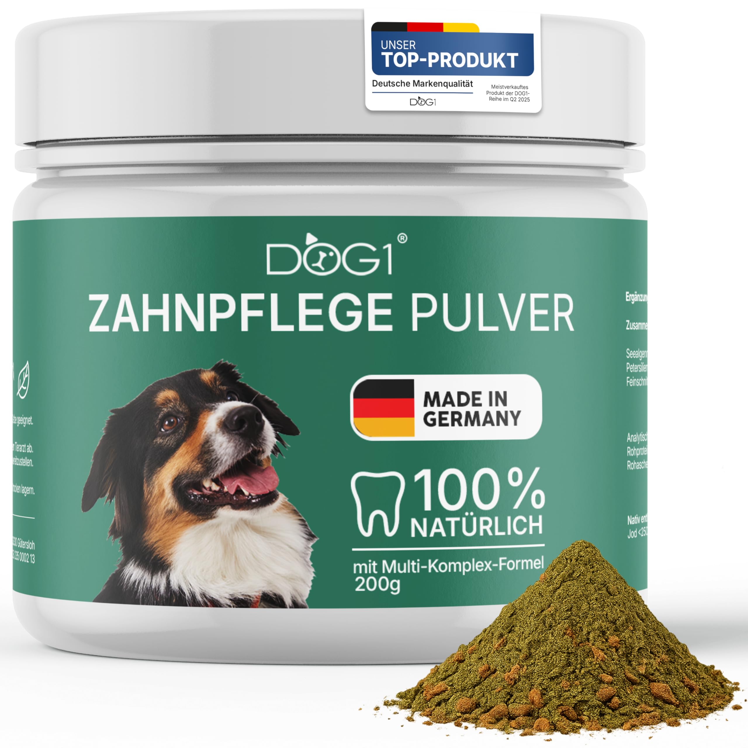 dog1® Zahnpflege Pulver für Hunde – Made IN Germany - Natürliches Mittel gegen Mundgeruch & Zahnstein - Zahnpflege Hund - Zahnputzflocken mit Zahnsteinentferner – Von Tierärzten entwickelt - 200 g