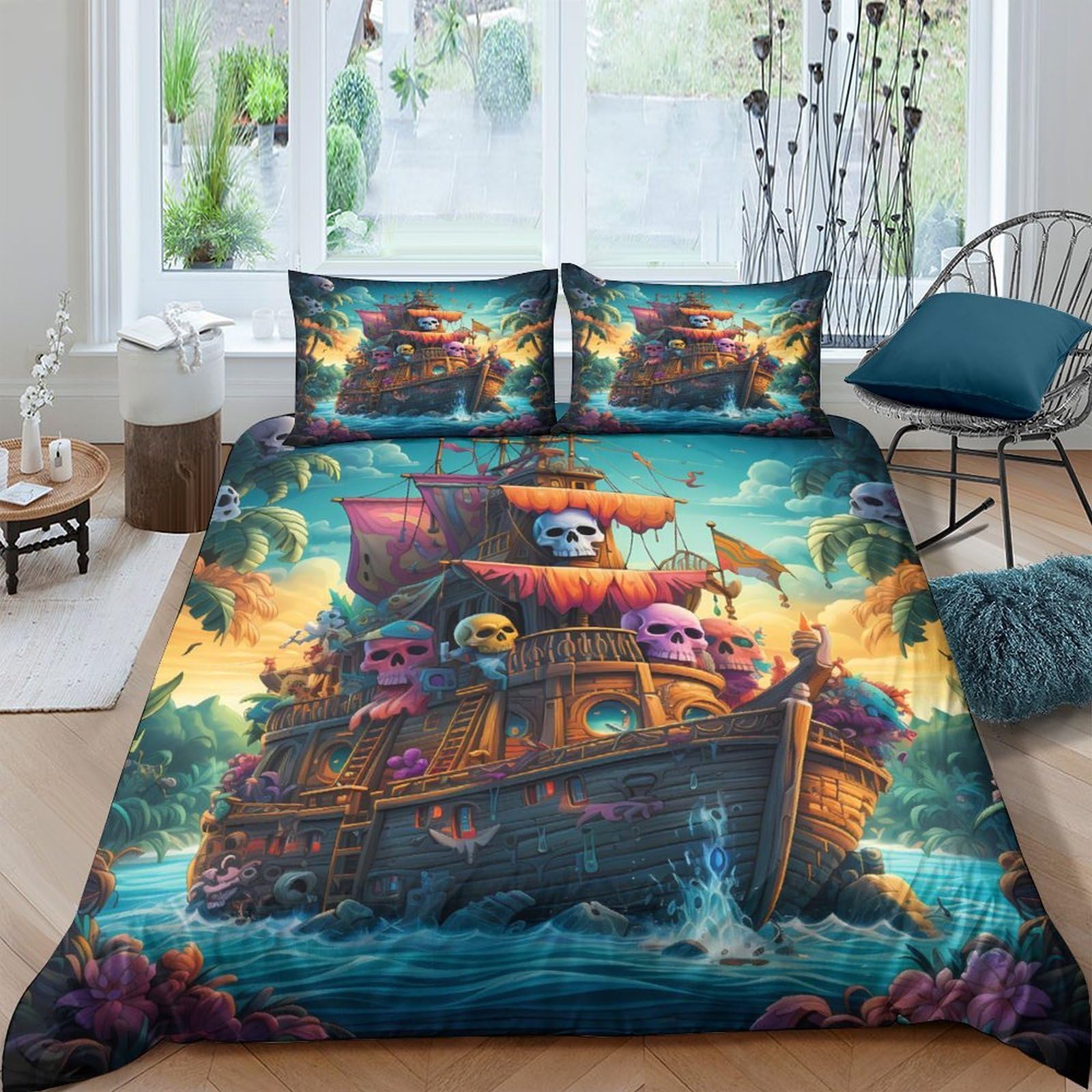 Ctjqhvkz Style-5 3D Printed Pirate Ship Fitted Sheet Microfiber Soft Breathable Skull Ocean Bed Cover For Bedroom Dorm Decor Single（135X200cm）