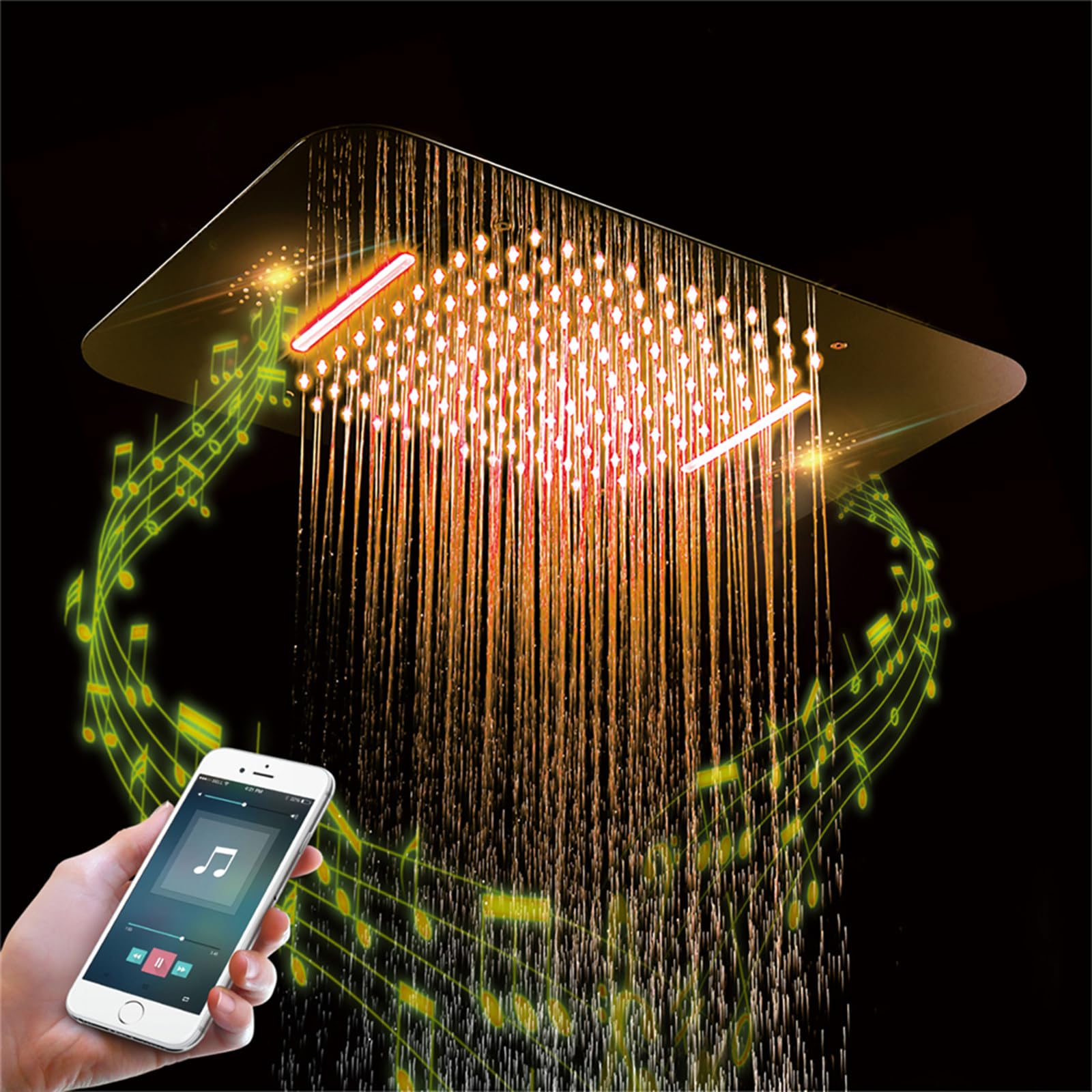Cabezal De Ducha De Música LED Oro 58X38CM con Modos De Lluvia Y Cascada, Acero Inoxidable 304, Altavoz Bluetooth Integrado, Mando a Distancia De 64 Colores De Luz