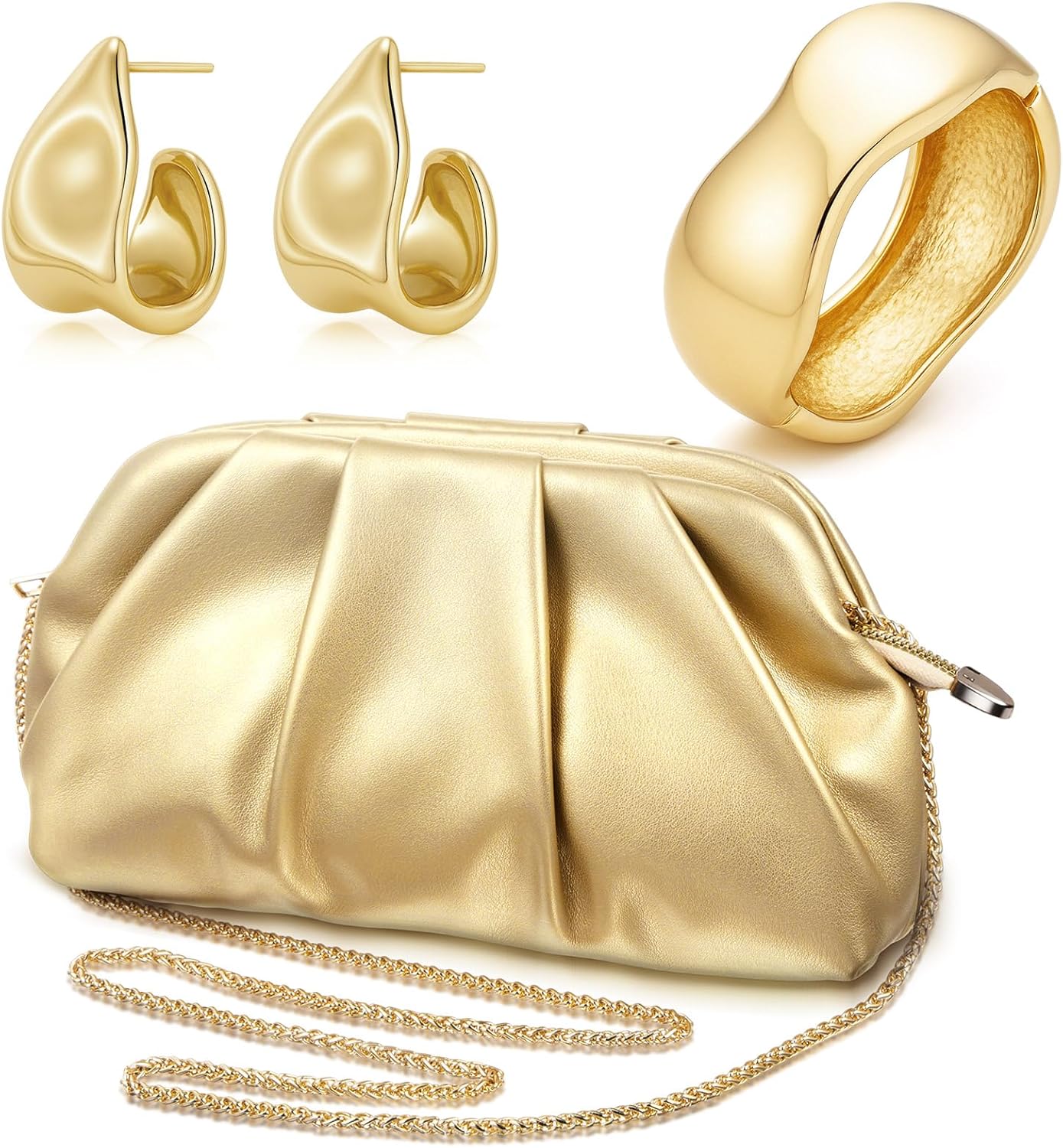 Landical 3Pcs Gold Clutch Purse Jewelry Set for Women Evening Bag Cuff Bracelet Earring Gold Accessories for Women Prom Party