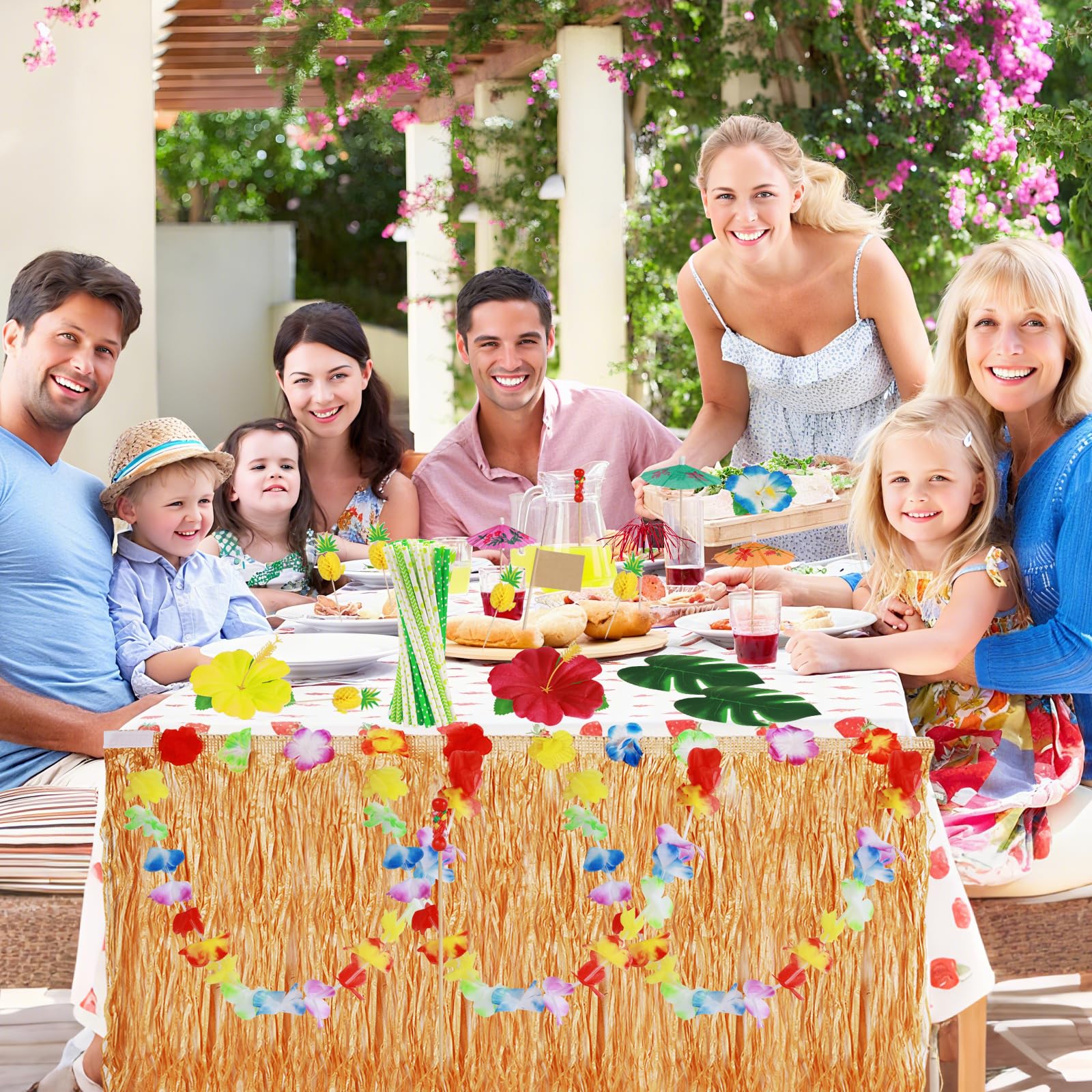 199 Stück Hawaii Party Dekoration Set, Tropische Party Dekoration Set, Hawaii Luau Tischröcke, Hawaii Deko, Banner, Blüten, Künstliche Palmenblätte für Hawaii Party Deko Beach Tropischen Garten Party