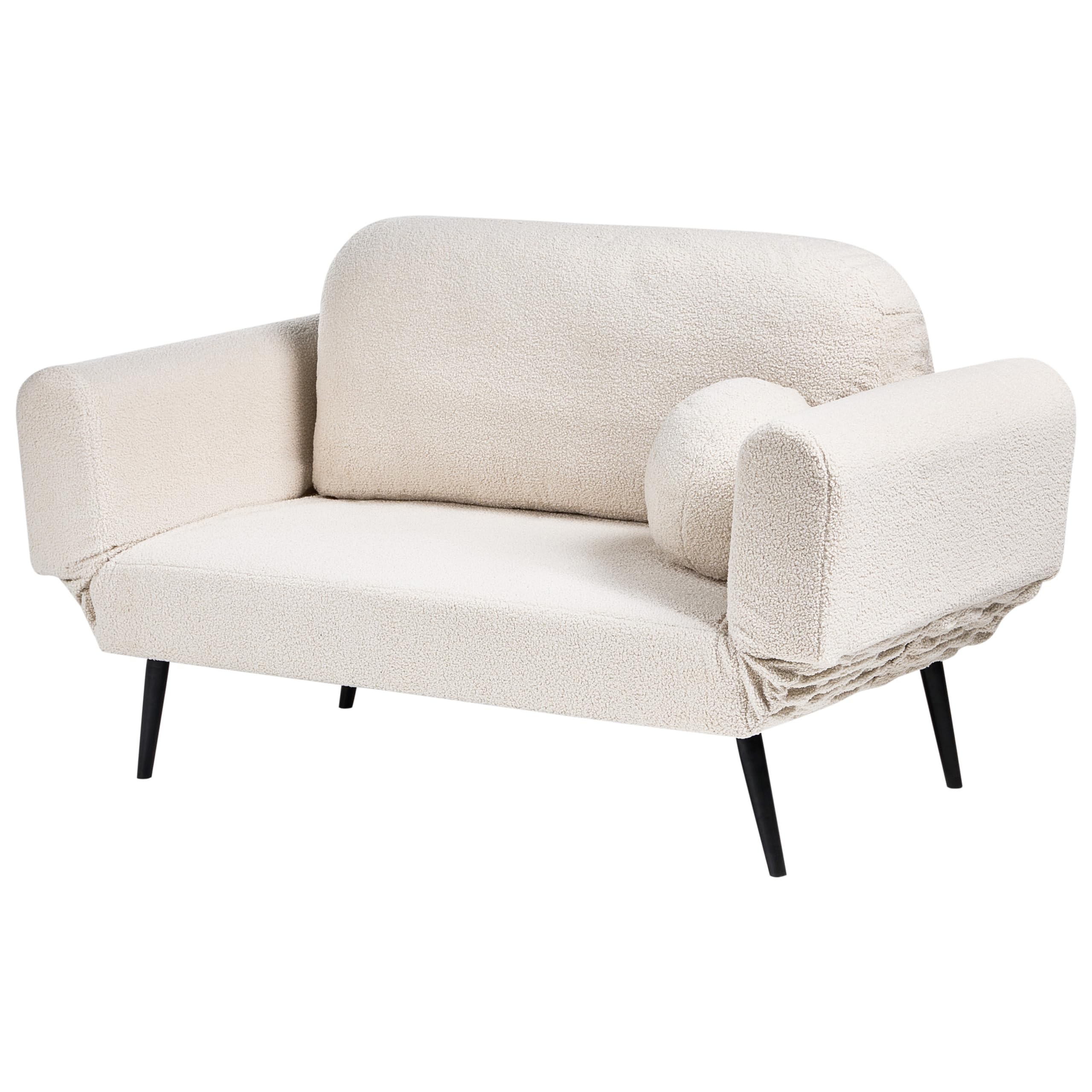Sofa rozkładana z funkcją spania okrągła poducha tapicerowana boucle żelazne nogi salon sypialnia złamana biel Dorotea