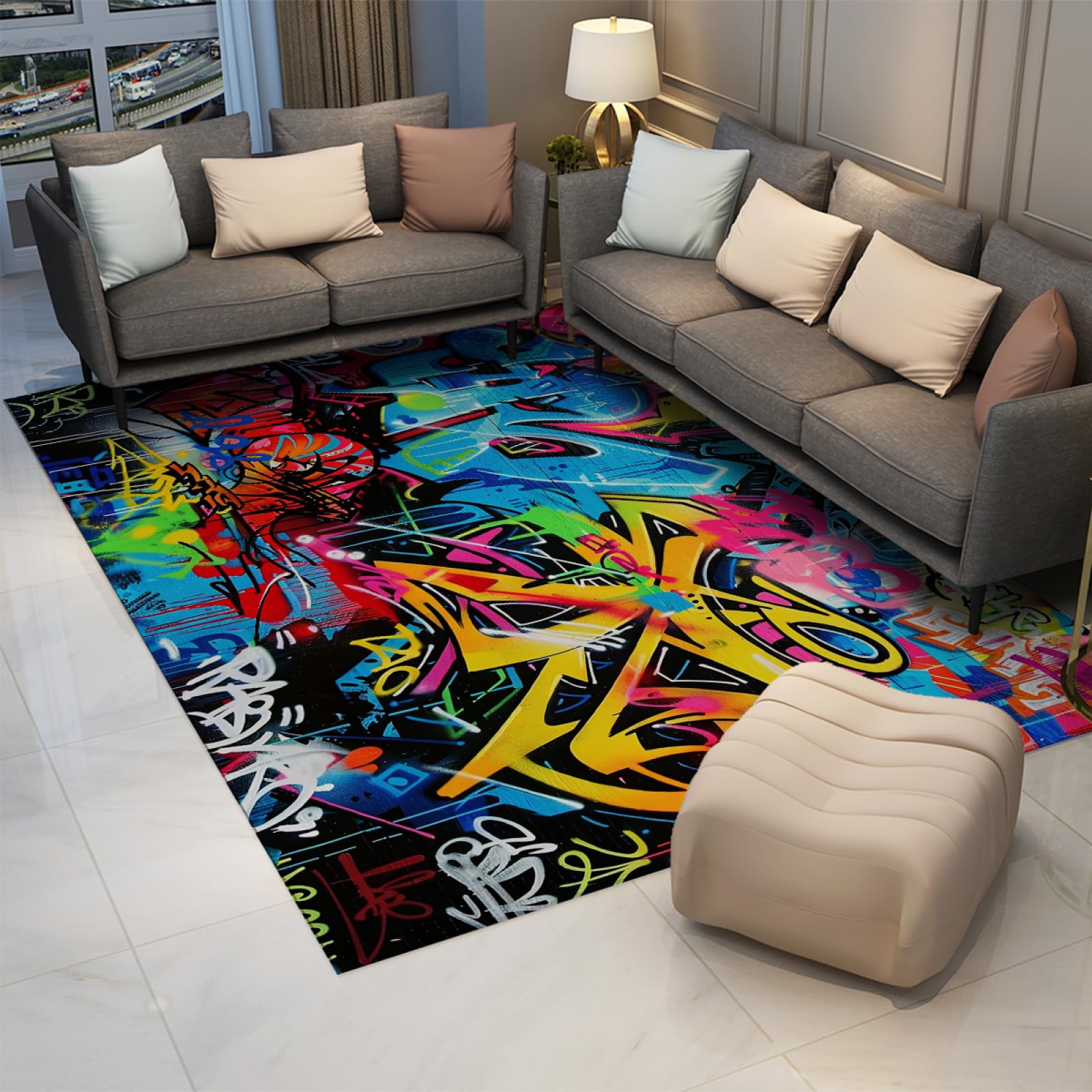 Pop Art Teppich Abstrakte Graffiti Bereich Teppich für Wohnzimmer, Spielzimmer, Schlafzimmer, Street Art Teppich, Eingangsbereich, Innenboden, Türmatte 120 x 160 cm