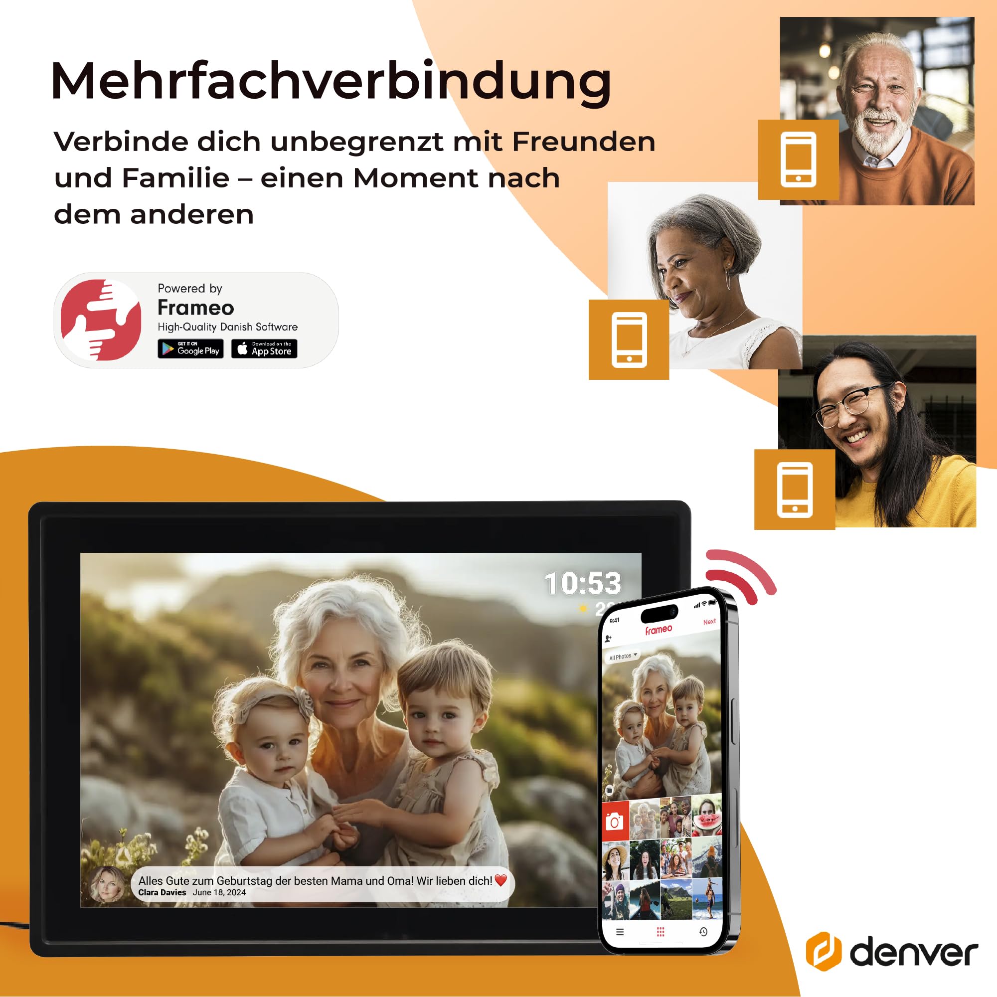 Denver PFF1021 Digitaler Bilderrahmen WiFi 10.1 Zoll, Elektronischer Bilderrahmen 16GB mit FRAMEO App, IPS Touchscreen, Auto-Rotate, Micro SD Slot, Schwarz | Bilder per Handy, SD-Karte