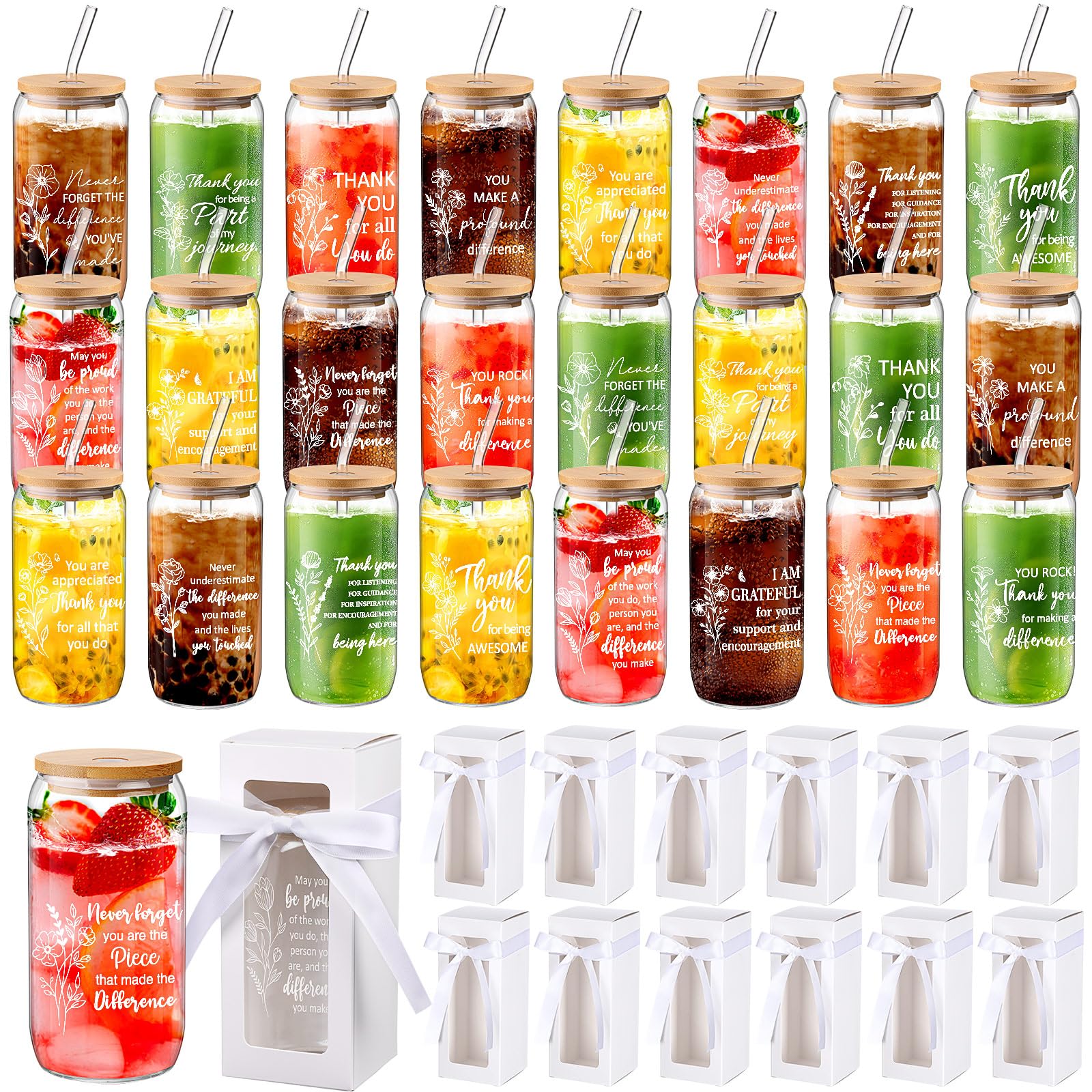 Ziliny Juego de 24 vasos de vidrio de 16 onzas con tapas y popotes con caja de regalo semitransparente para amigos, profesores, enfermeras (floral y equipo)
