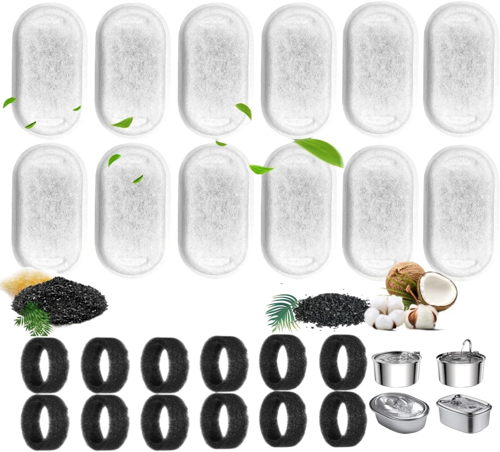 24PCS Cat Water Fountain Filters, Cat Fountain Filter Replacement for 108oz/3.2L & 67oz/2L Stainless Steel Cat Water Fountain, Pet Fountain Activated Carbon Replaced Filter(12Filter+12Sponge)