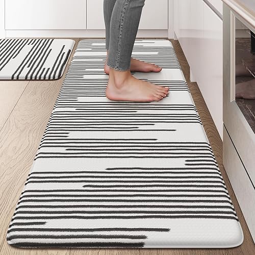 KIMODE Kitchen Mats Cushioned Anti Fatigue, Black Line Geometric Kitchen Rugs Se