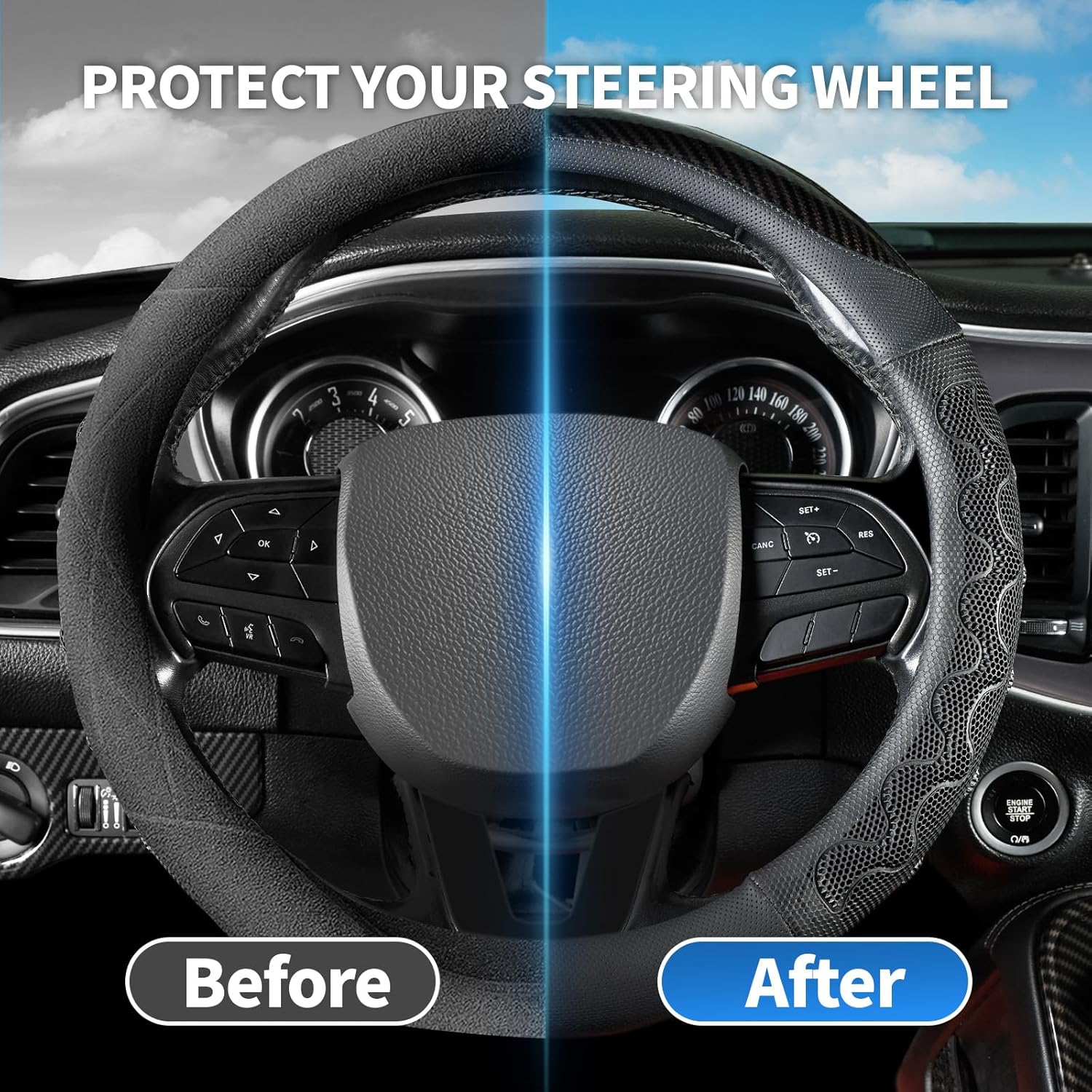 Black Leather Steering Wheel Cover with Studded Design, 14.5-15 Inch Universal Fit, Anti-Slip Breathable Durable Car Wheel Protector for SUV Truck