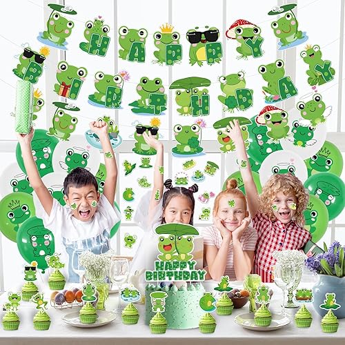 Miniatura 7 de Decoraciones de fiesta de cumpleaños de rana, bonitos suministros de fiesta que incluyen pancarta de feliz cumpleaños, decoración de pasteles,