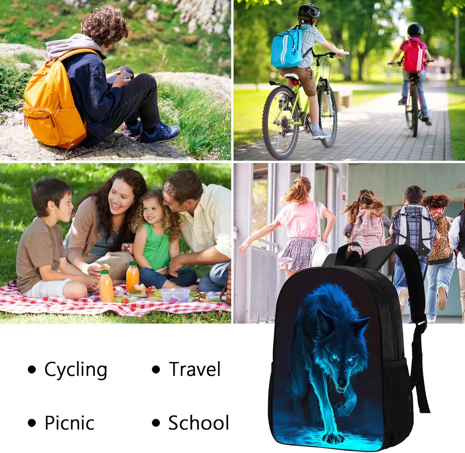 Boys Wolf Backpack for School, Cool Cyan Black Wolf Backpacks for Kids Boys Teens, Lightweight Waterproof Bookbag Laptop Bags for School & Work, Casual Hiking Travel Daypack 17" - Image 6