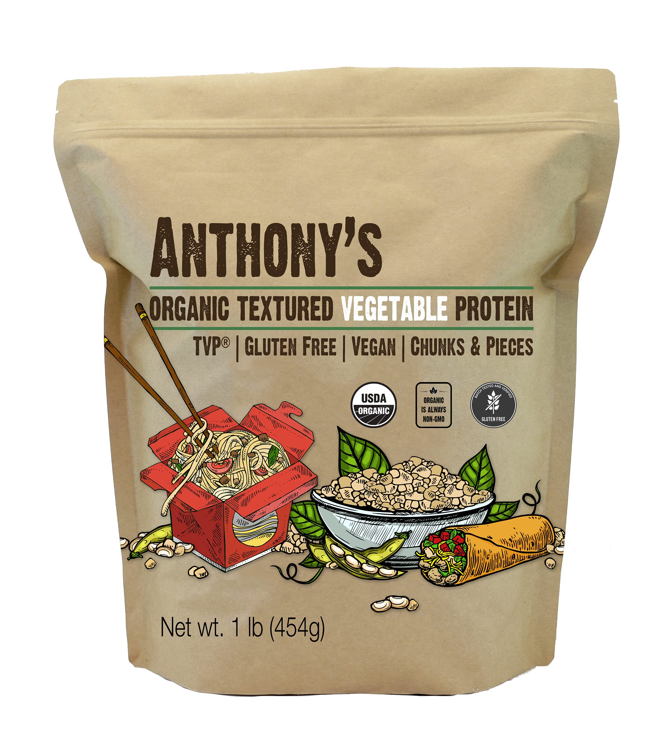 Anthony's Organic Textured Vegetable Protein Chunks and Pieces, TVP, 1 lb, Gluten Free, Vegan, Unflavored