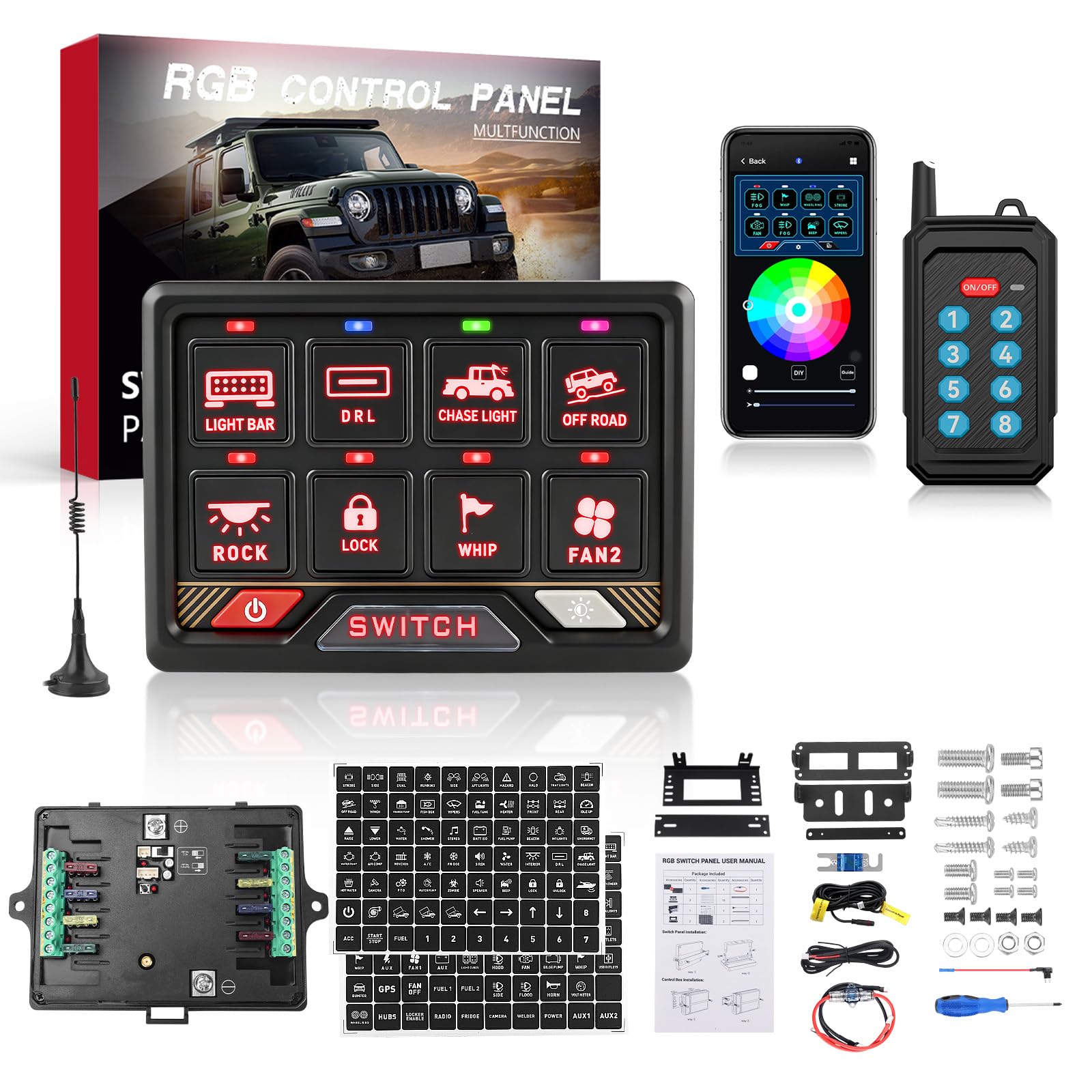 Chelhead Pannello interruttori RGB 8 vie, telecomando 70 m con app Bluetooth, flash momentaneo stroboscopico, pannello interruttori 12 V impermeabile IP65, retroilluminato
