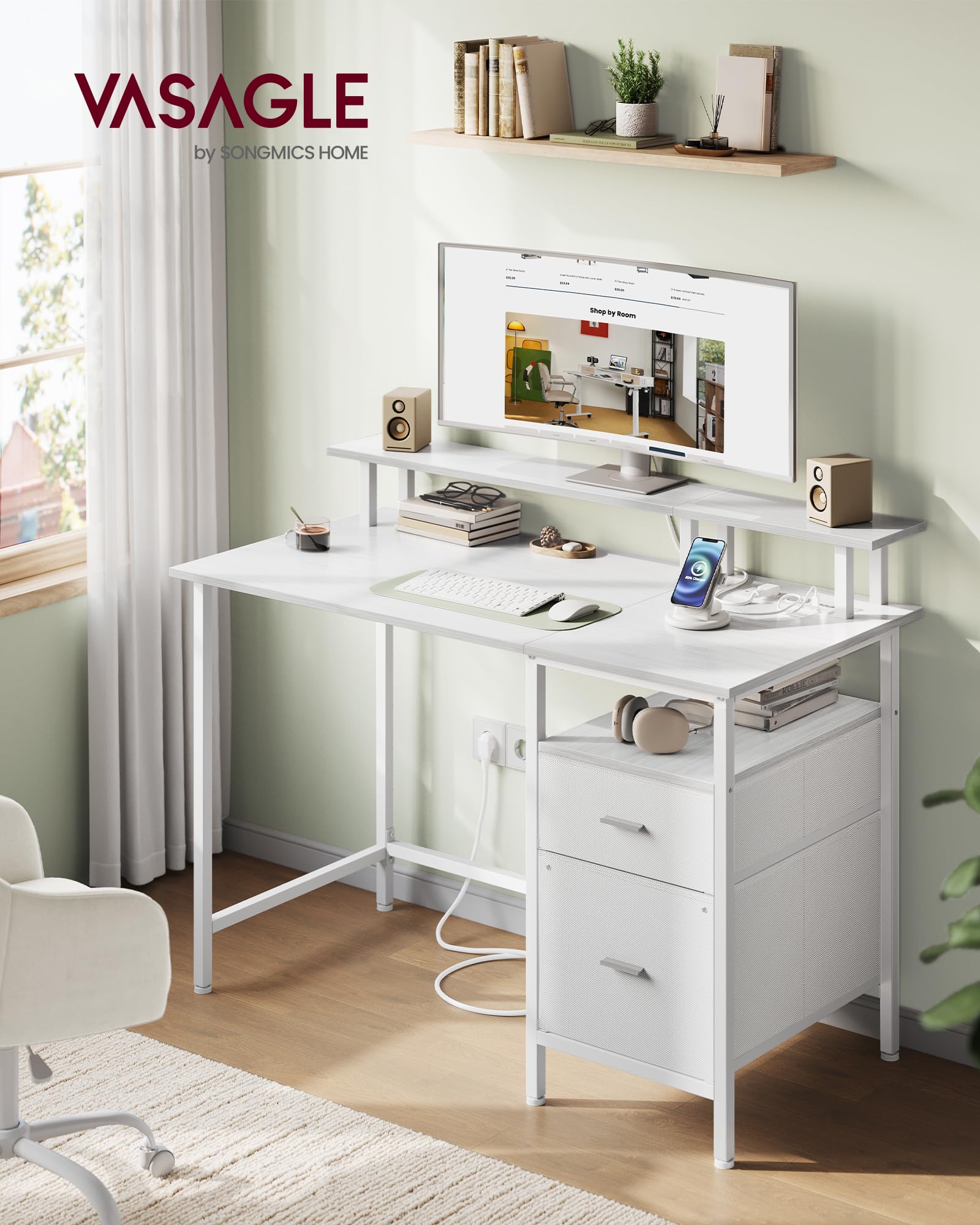 VASAGLE Scrivania per Computer con Cassetti in Tessuto, Supporto per Monitor, Scrivania da Ufficio, 2 Prese AC, 2 Porte USB-A, 120 x 60 cm, Bianco Acero LWD093W01V1
