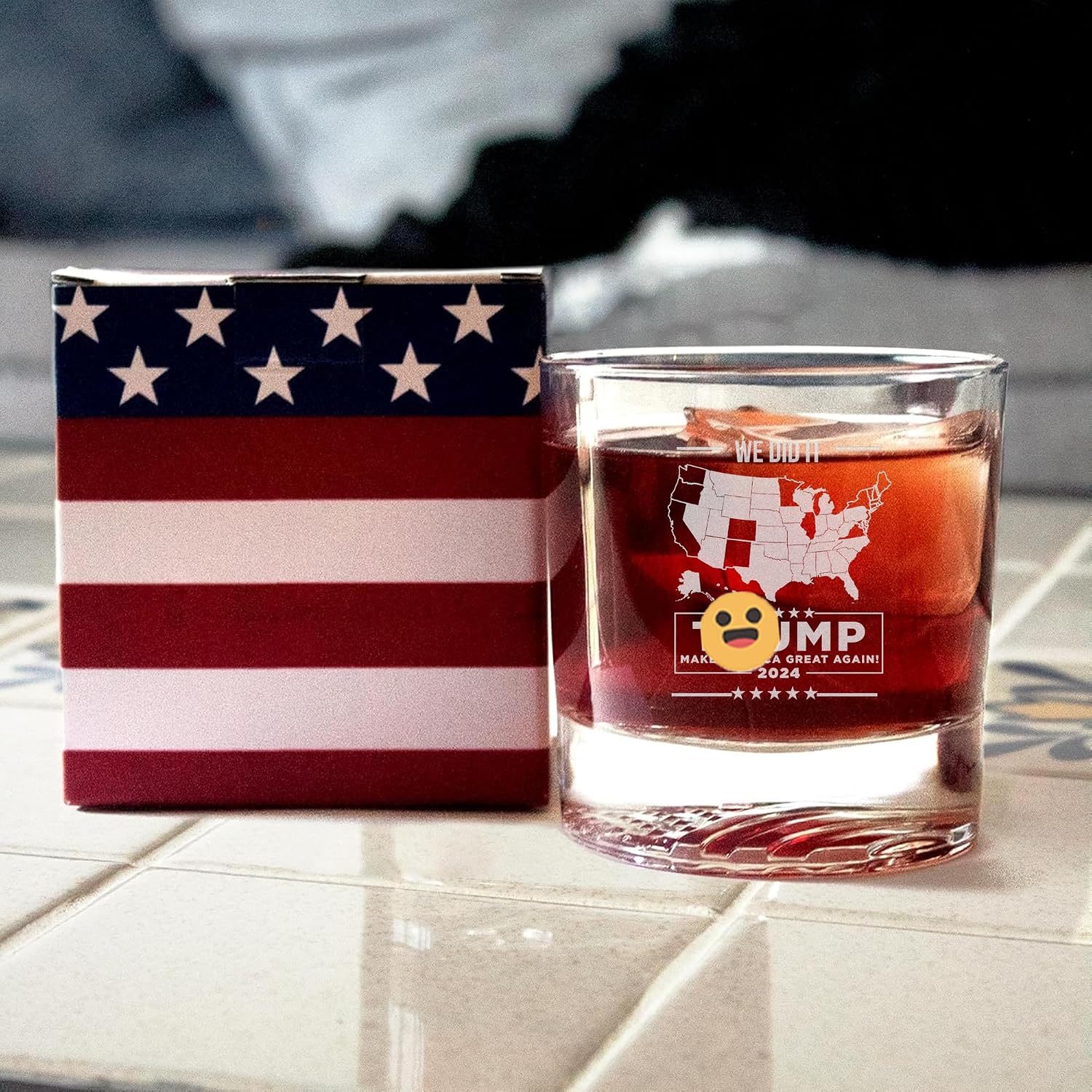 Donald Whiskey Glass - 12oz Engraved 2024 Won Glassware with American Flag Bottom - Conservative Gift, Inauguration Day Gift (Map)