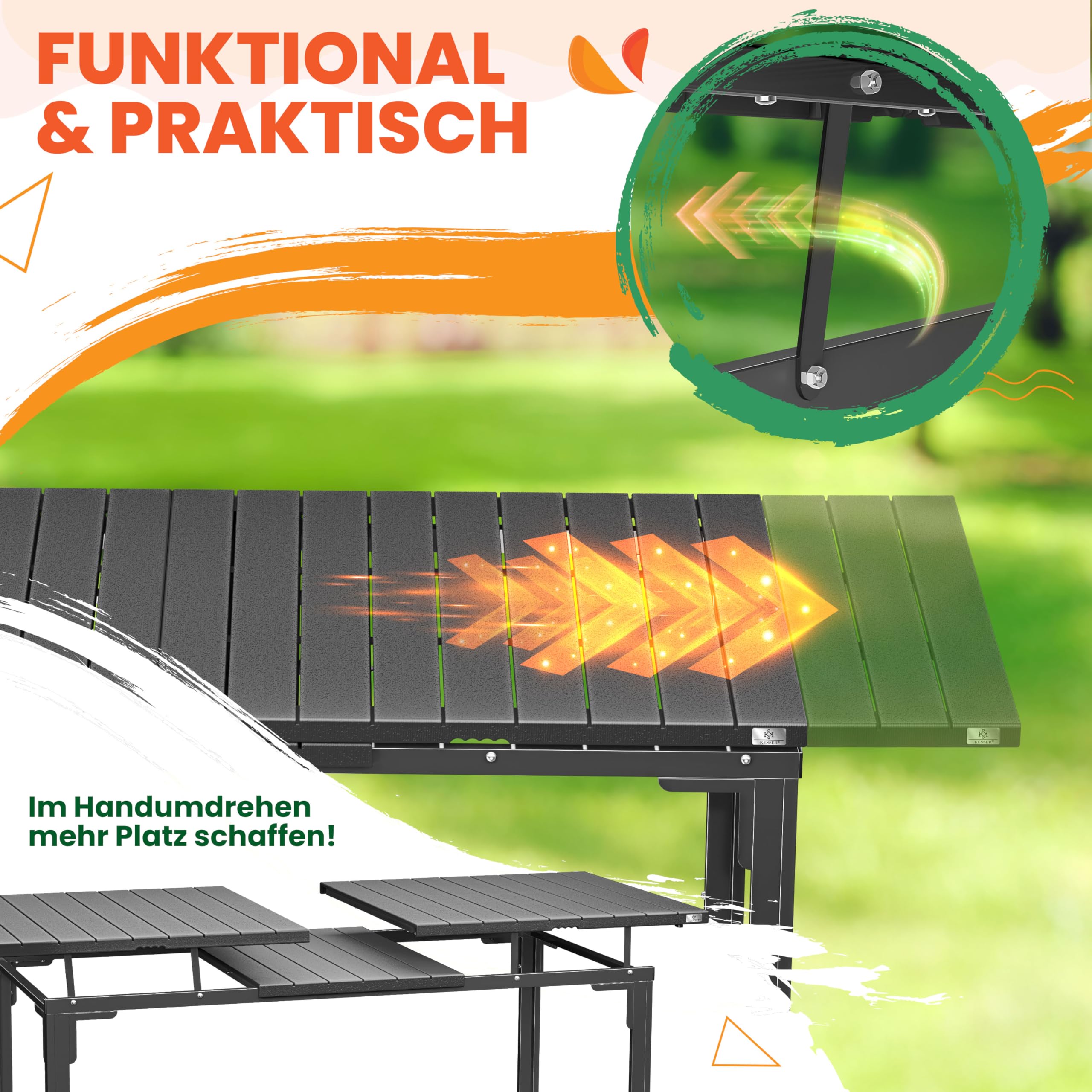 KESSER® Gartentisch ausziehbar Esstisch 180/240x90cm erweiterbar bis 8 Personen Ausziehtisch mit pulverbeschichtetem Stahl-Gestell & HDPE Tischplatte Wetterfest & UV-Beständig inkl. 6 Filz-Untersetzer