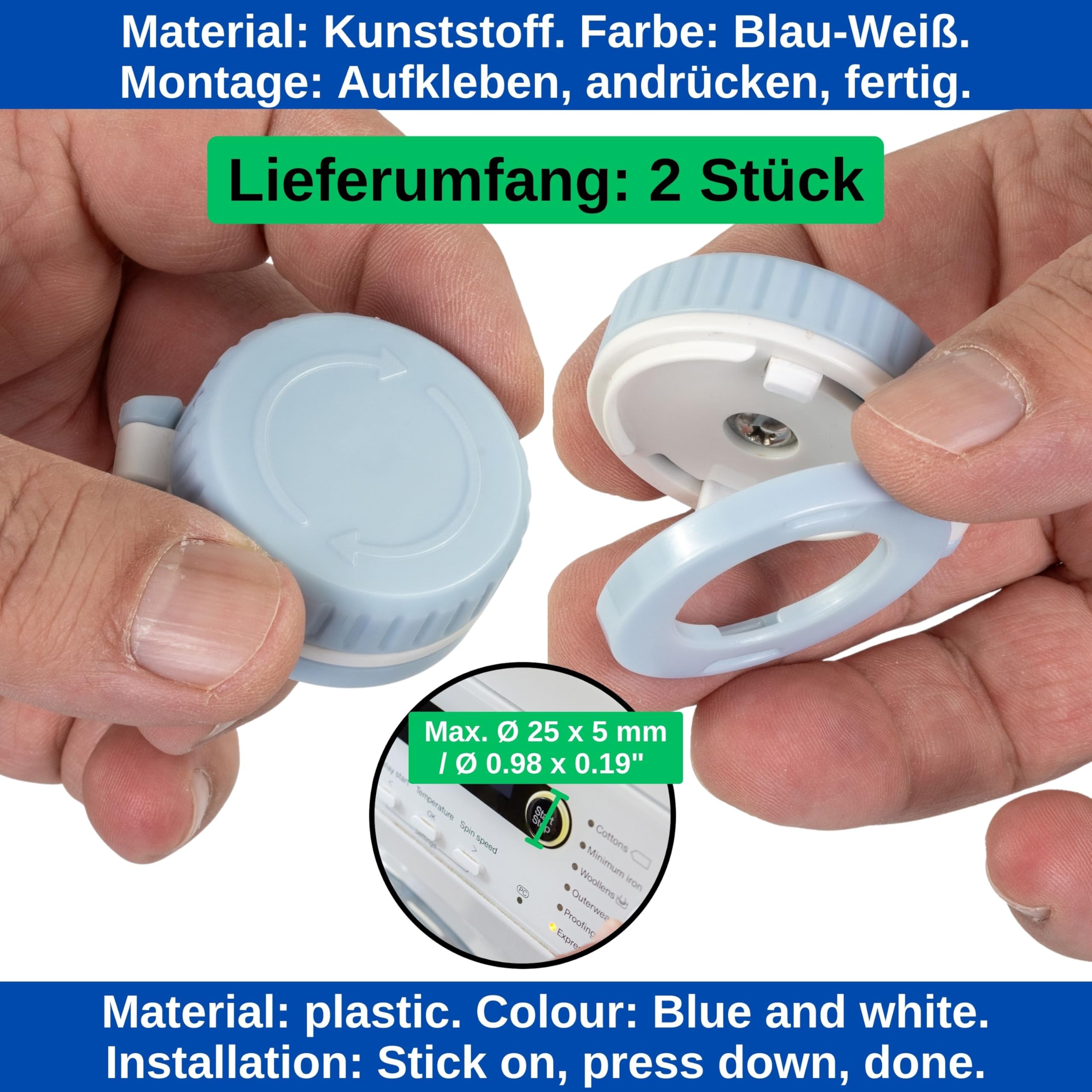 Osłona na guziki, zabezpieczenie przed dziećmi, 2 sztuki, do guzików Ø 25 x 5 mm, niebiesko-białe, do przyklejania, na przyciski do kuchenki, przycisk start-stop, zmywarka, pralka, kuchenka