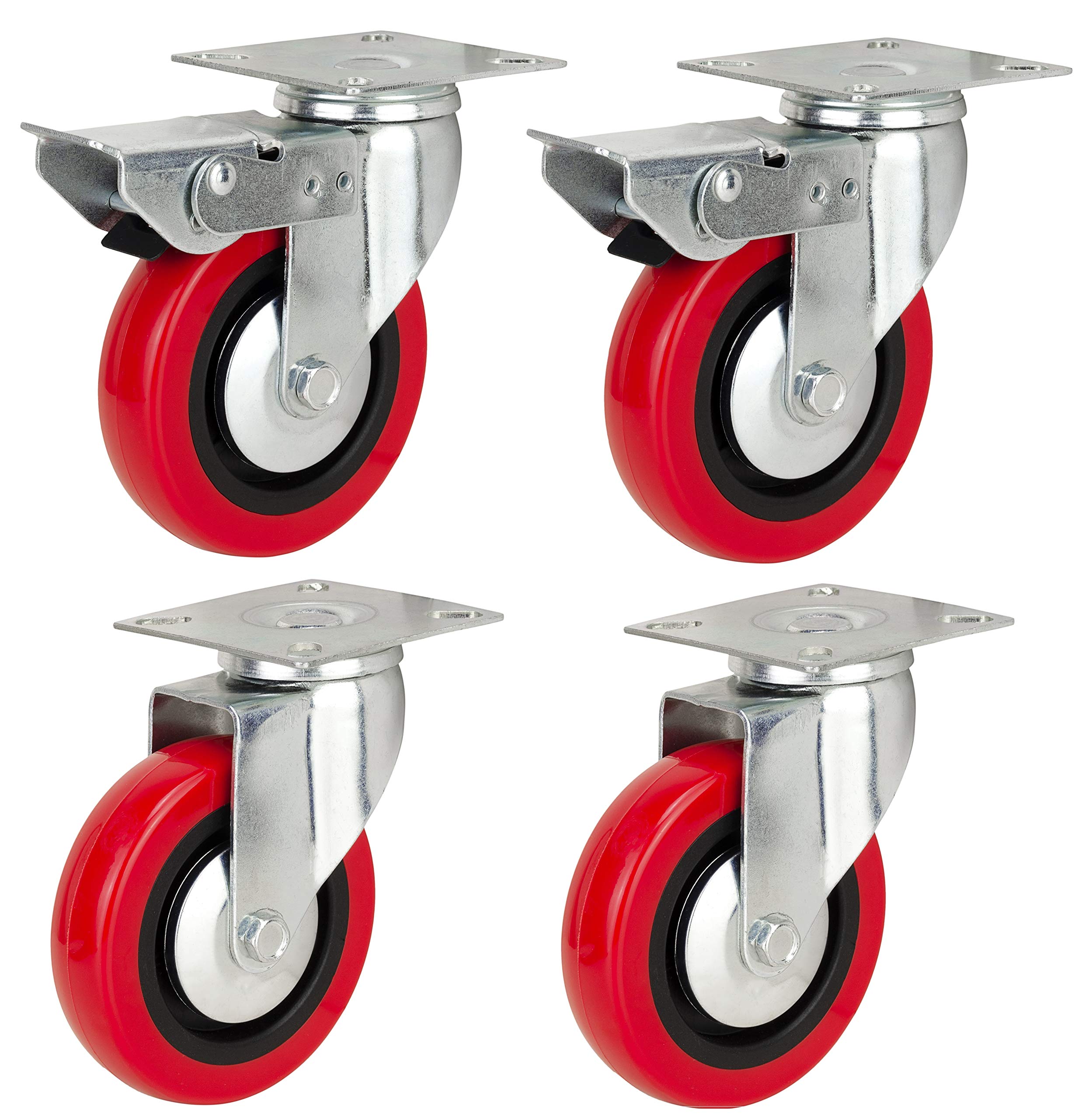 75mm Polyurethane Swivel Casters with brakes (RED PU) - HEAVY DUTY - Furniture, Appliance & Equipment Wheels by Bulldog Castors - Max 280Kg Per Set