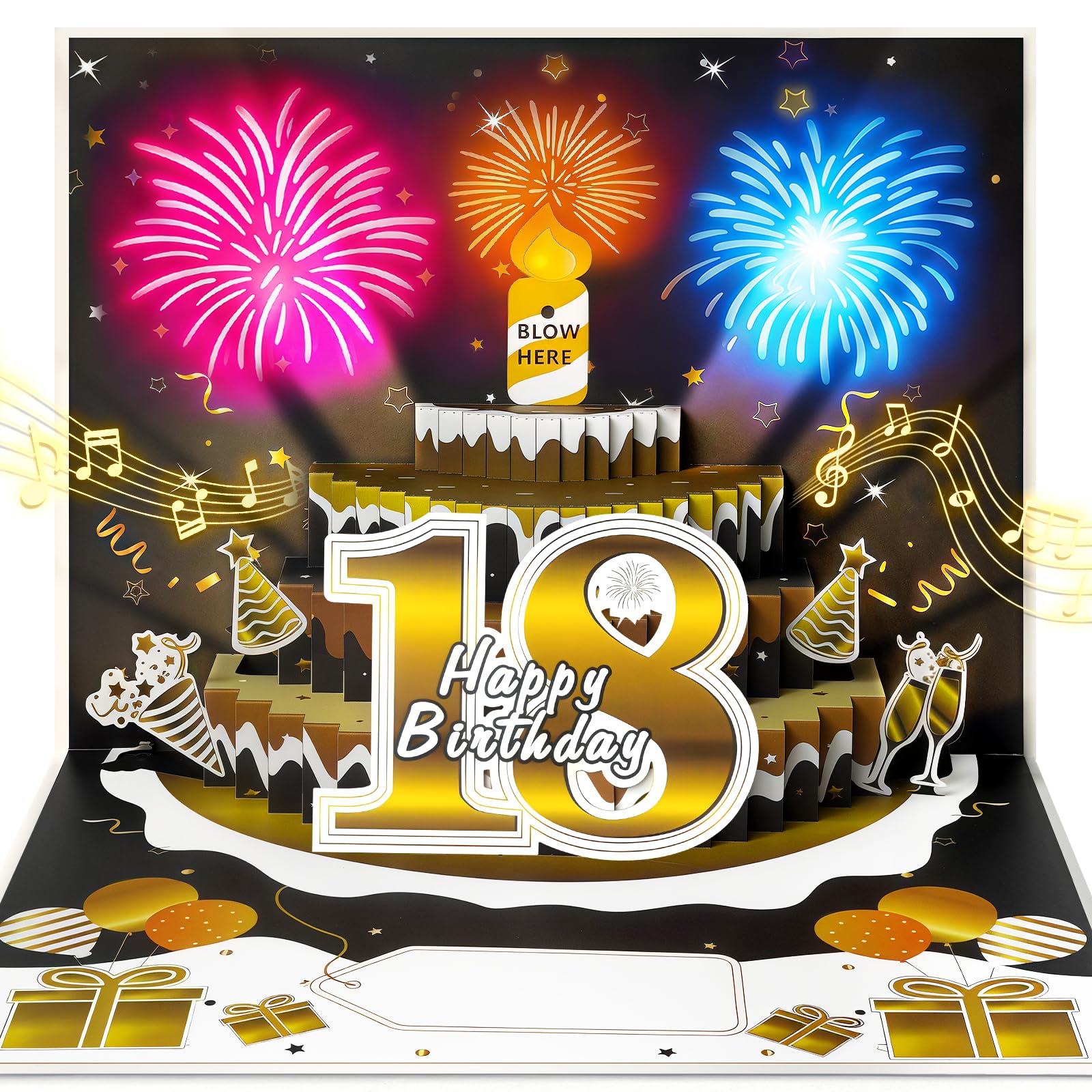YianHien 18th Birthday Card, Musical Birthday Card with Blowable Candle & Light Up Fireworks, 3D Pop Up Singing Card Decorations, 18th Birthday Gifts for Boys
