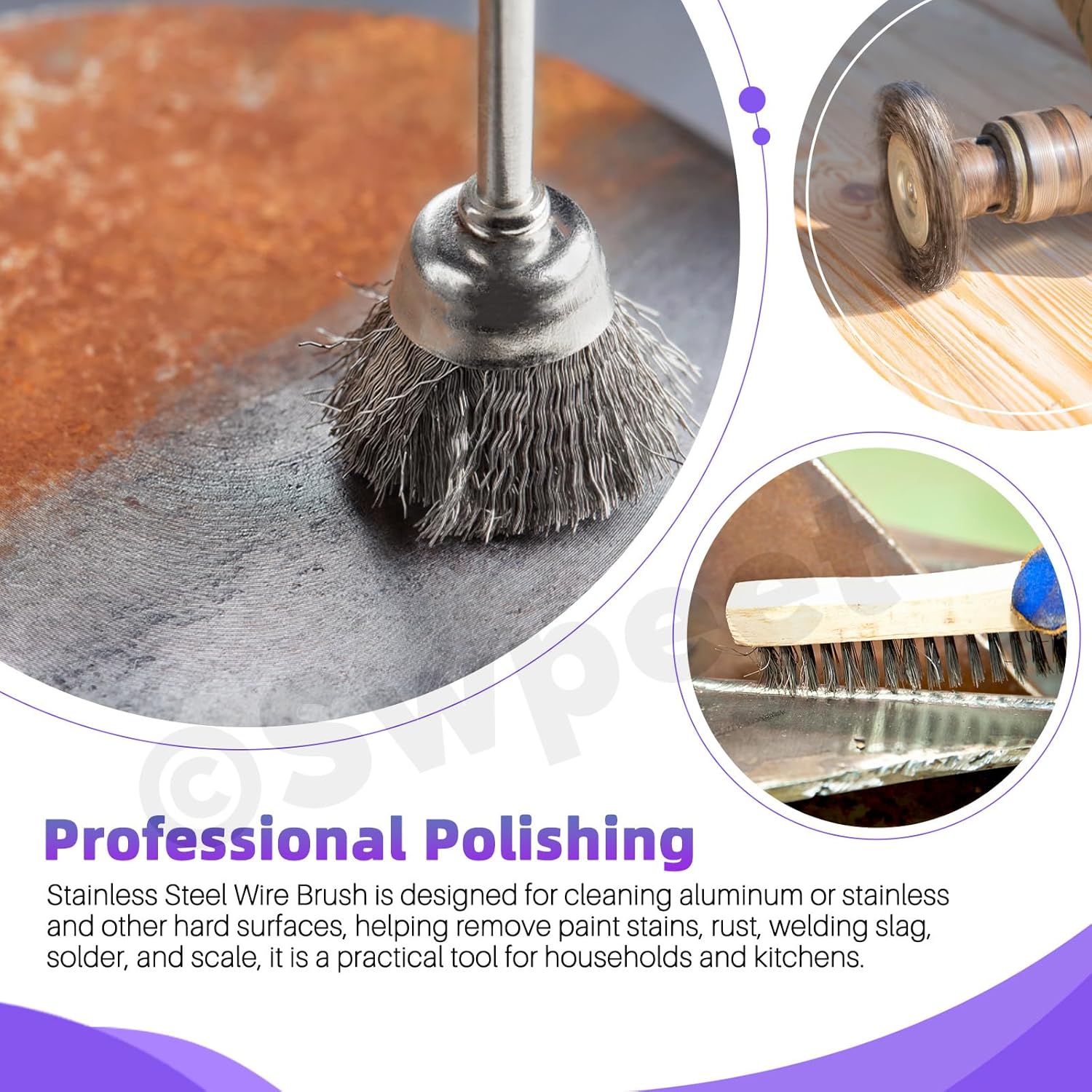Swpeet 9Pcs Wire Scratch Brush Kit, Including 1Pc Stainless Steel Wire Brush, 5Pcs Wire Wheel Cup Brush and 3Pcs Mini Wire Brush for Detailing Cleaning Welding Slag Rust and Household