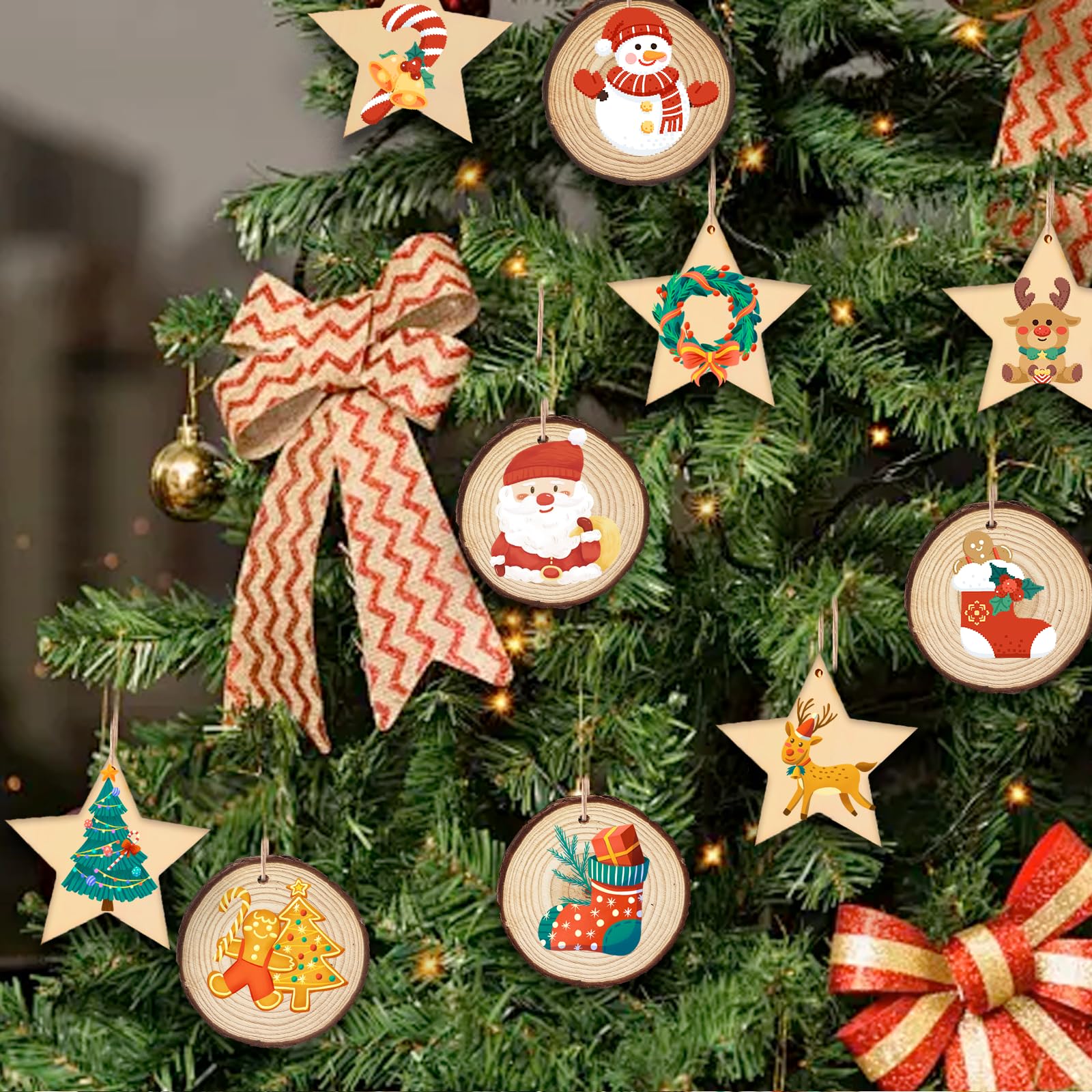 TSKDKIT 30 Pieces Boules De Noël Bois Naturel Decoration Sapin De Noël En Bois Tranches Rondes En Bois Pour Ornements Pendants D'arbre De Noël, Avec Cordons