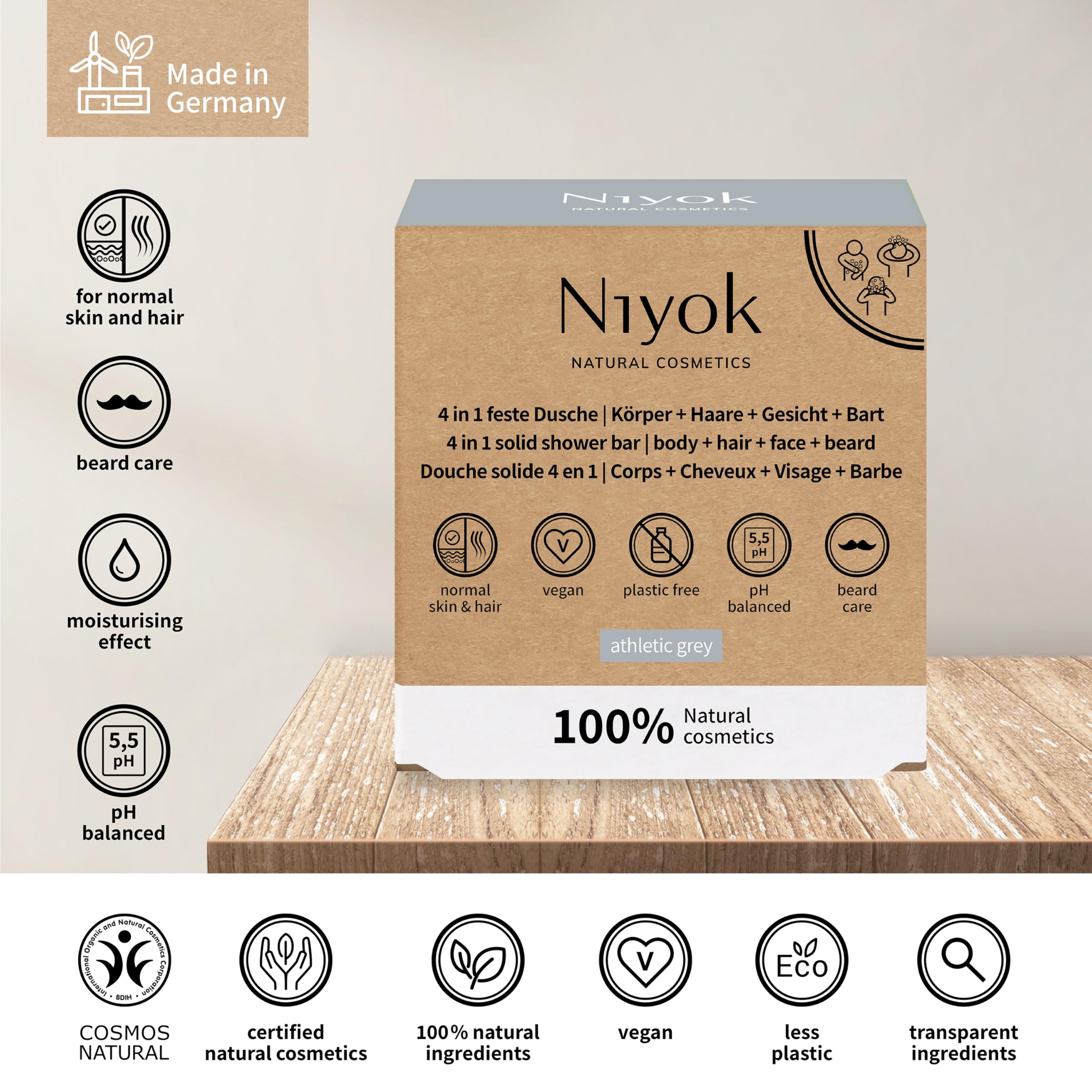 Niyok® Sta?y prysznic 4 w 1 "Athletic Grey" (80 g) myd?o do cia?a, w?osów, twarzy, brody, zrównowa?onej piel?gnacji cia?a All-in-One, mocne myd?o pod prysznic, mocny szampon, sta?e oczyszczanie