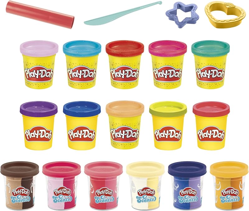Play-Doh Sparkle and Scents, paquete variado de 16 latas de compuesto para modelar y 4 herramientas, juguete artístico y artesanal para niños de 3 años en adelante, no tóxico