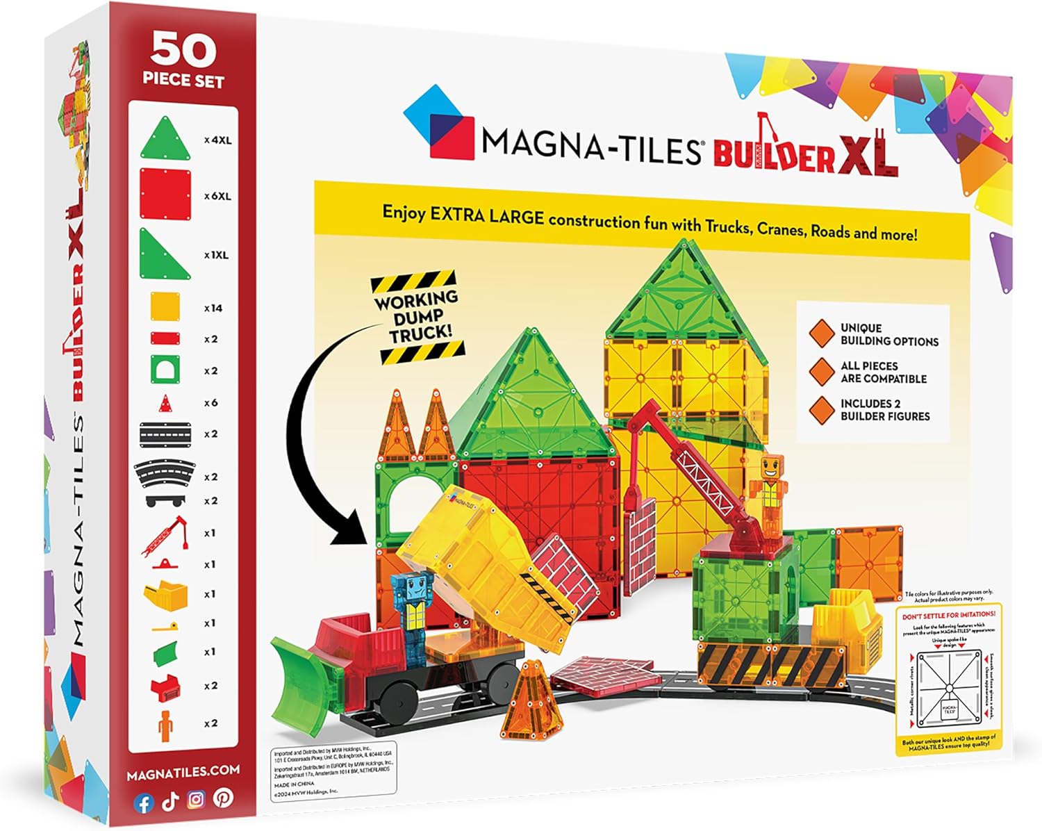 Magna-Tiles Builder XL 50-Piece Magnetic Construction Set, The Original Magnetic Building Brand