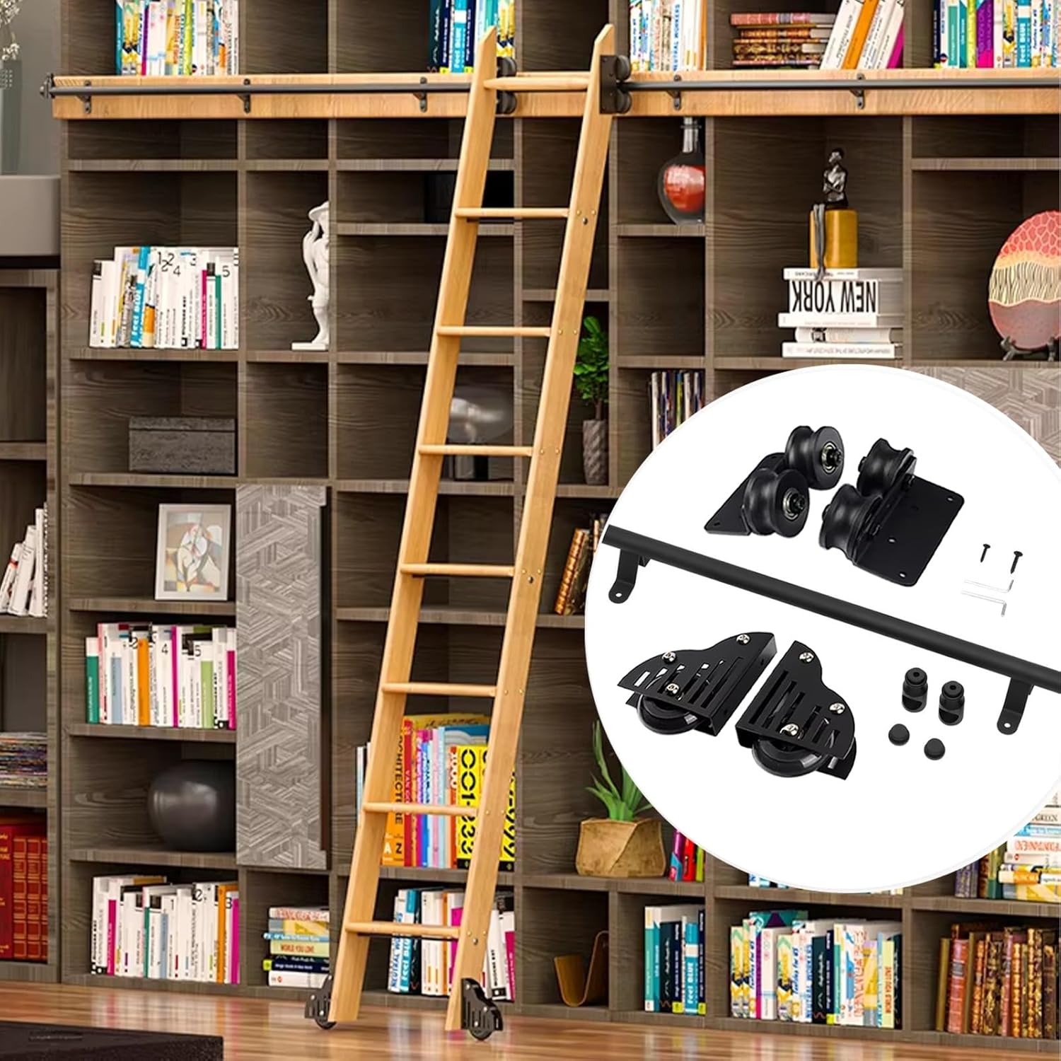 Library Sliding Ladder Hardware Kit, Black Round Tube Mobile Ladder Tracks +Extension Accessories, Rolling Track with Floor Roller Wheels (No Ladder)(12ft/366cm Track kit)