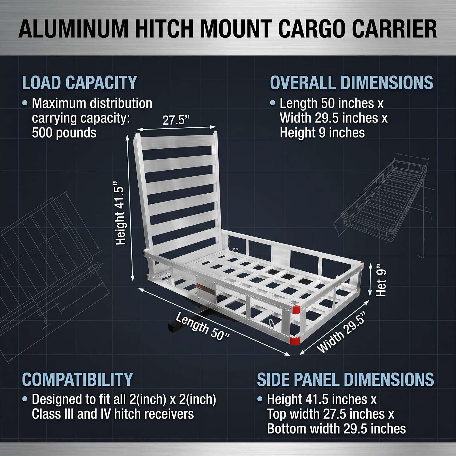 Aluminum Cargo Carrier 500 Lbs 50" x 29.5", Hitch Cargo Carrier with 41.5" Ramp Fits 2" Class III IV Receivers, Rust Proof Cargo Basket with Reflectors