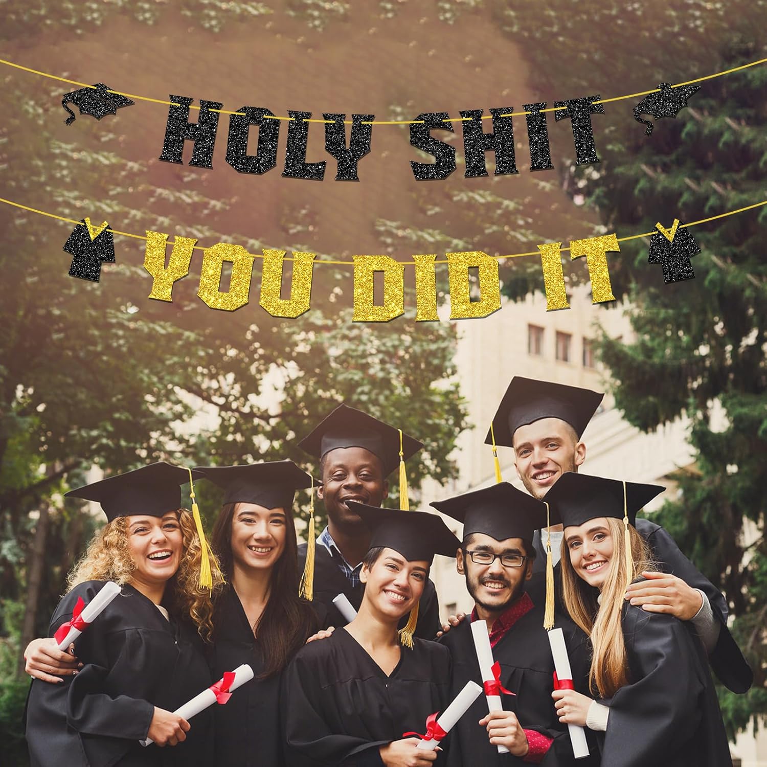 Holy Sh*t You Did It Banner, So Proud of You/Congratulations/Congrats Grad Bunting Sign, 2026 High School College Graduation Party Decorations Supplies, Black Gold Glitter - Image 7