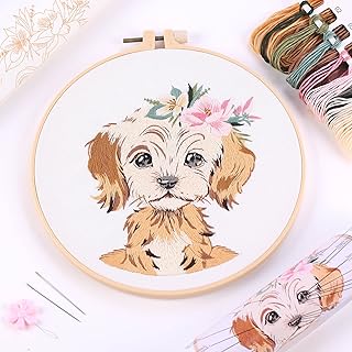 Hand Embroidery Kit with Dog Pattern and Instructions,Cross Stitch Kits, Including Stamped Embroidery Cloth with 1 Embroidery Hoop, Color Threads and Embroidery Starter Kit
