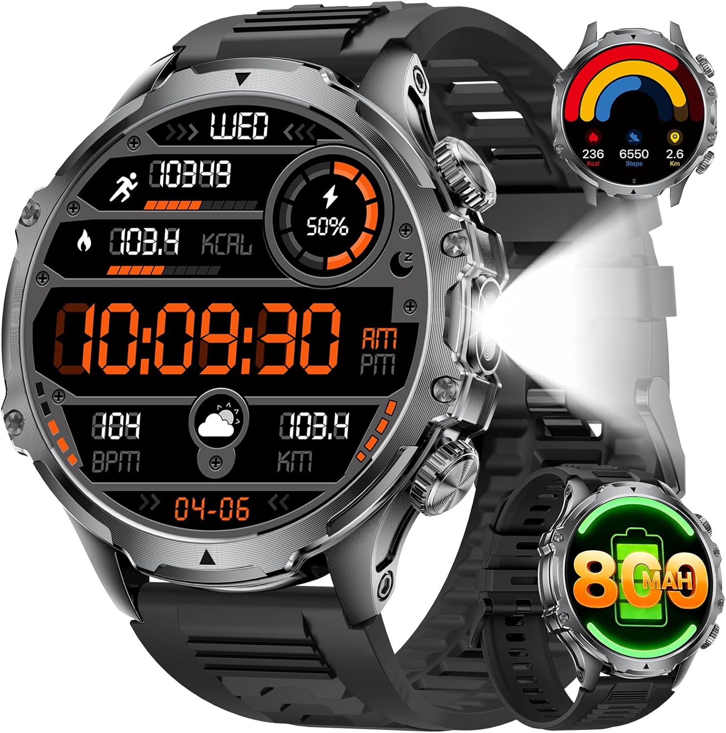 LIGE Smart Watches for Men(Answer/Make Calls) with LED Flashlight/1000mAh Battery, 1.7" HD Screen Sports Smartwatch,5ATM Waterproof Fitness Tracker 100+ Sports Modes for Android iOS,Black Silicone
