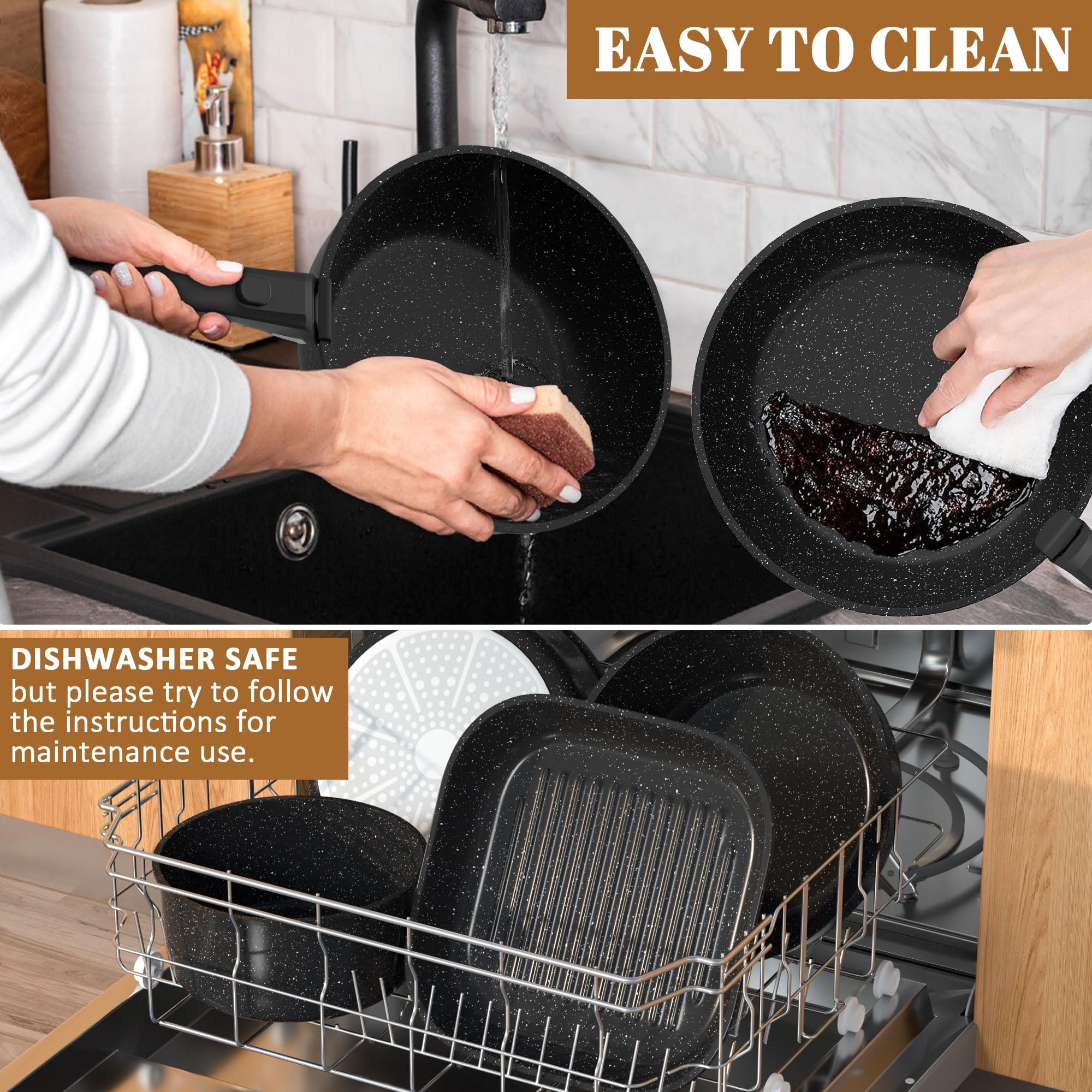 Gimars 14pcs Set di Padelle Antiaderente da 14PCS con 2 Manici Rimovibili | Padella da 20 26cm,Casseruola 20cm,26cm Griglia,4 Coperchi 4 Utensili,Senza PFOA PFTE per Induzione Gas Forno