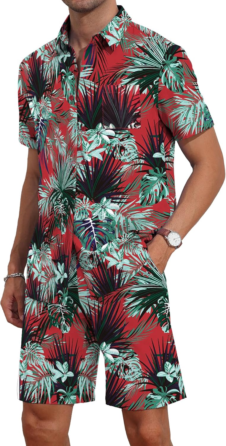 YTD Mens Flower Hawaiian 2 Piece Outfit Sets Short Sleeve Beach Casual Button Down Shirt and Shorts Suits - Image 3