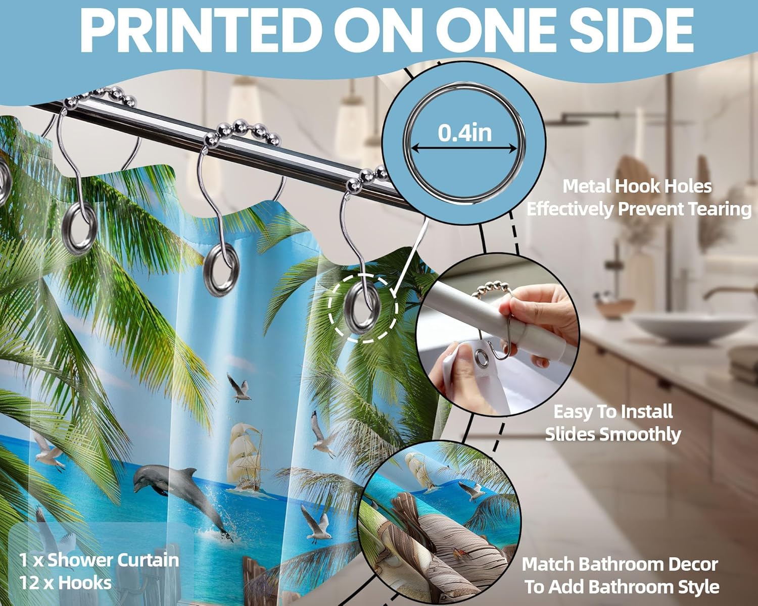 Summer Beach Shower Curtains for Bathroom Palm Tree Nature Ocean Sunset Scene Bath Decor Sets, Waterproof Cloth Fabric with Hooks 84x72 inch