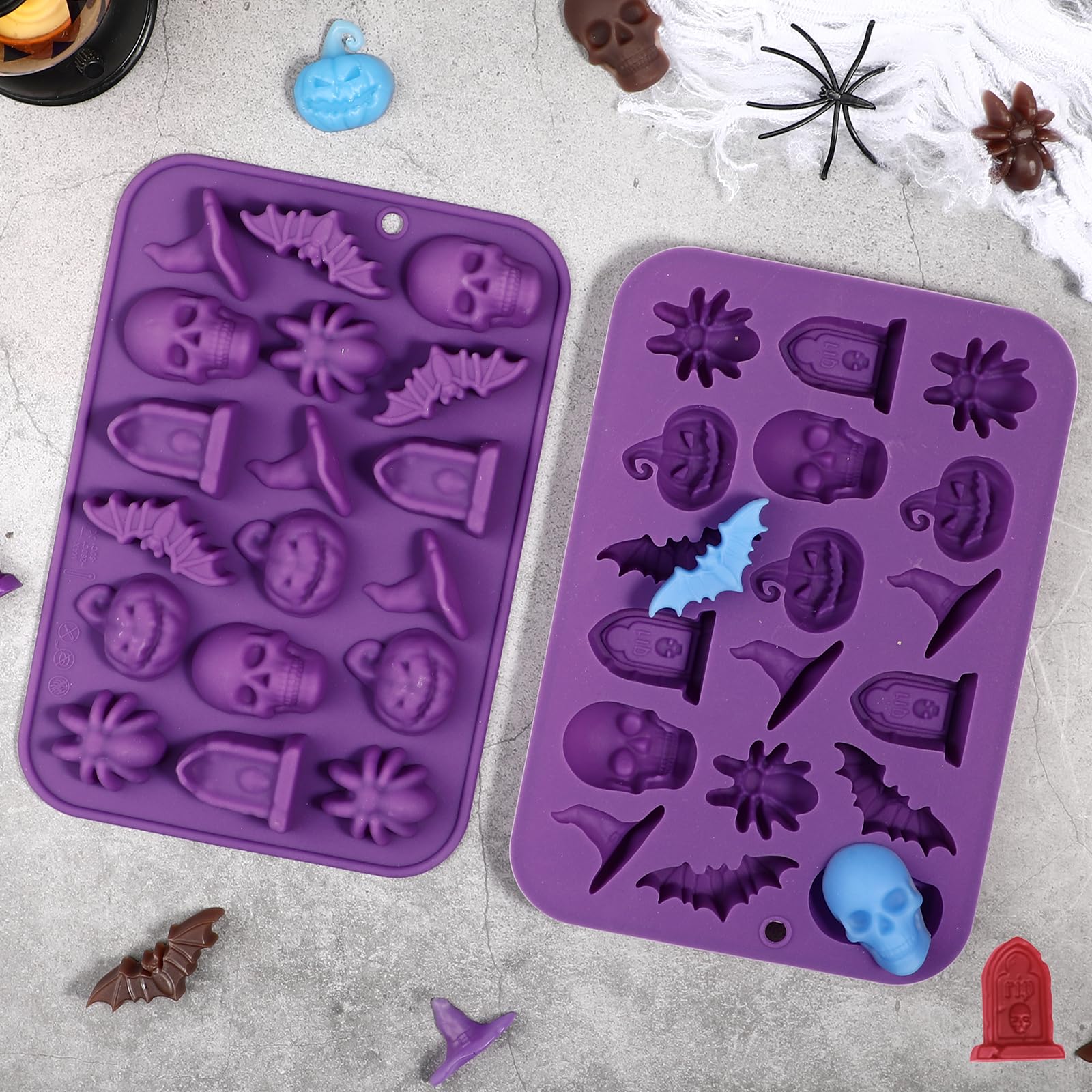 Moules à Chocolat Et Bonbons Halloween En Silicone - Lot De 2 Avec 18 Empreintes (crâne, Citrouille, Fantôme, Chauve-souris, Chapeau Sorcière, Tombe)