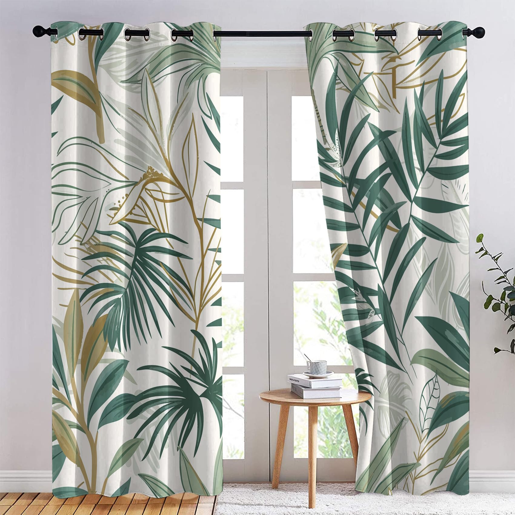 Rideau Occultant Feuilles Vertes, Rideaux Thermiques à Oeillets pour Chambre, Motif Tropical Rideaux Salon, Moderne Lot de 2 Décoration de Fenêtre, Rideaux 140x240cm LxH (Gv-&286)