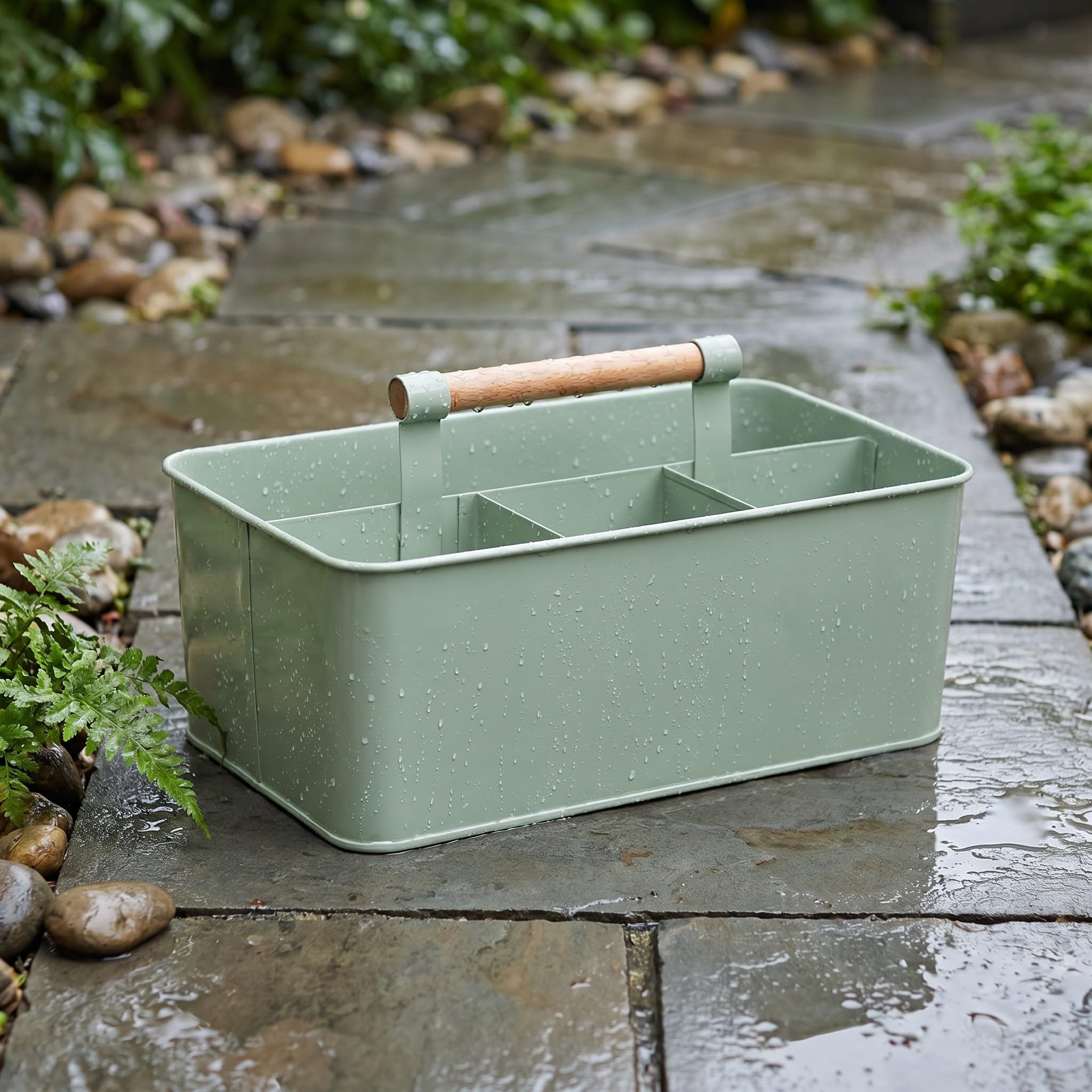 Panier de Jardinage en Fer à 4 Compartiments avec Poignée en Bois