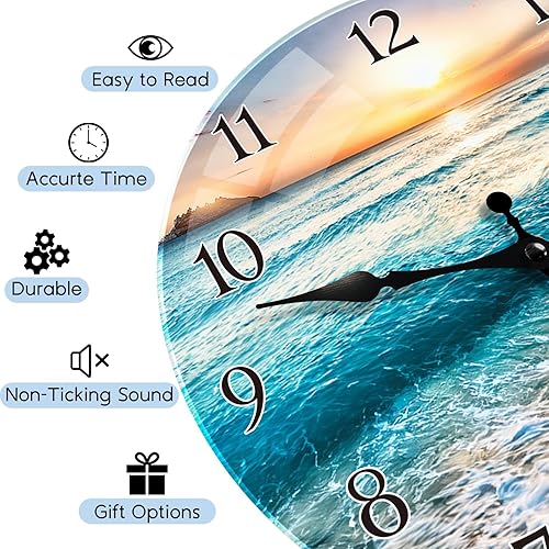Miniatura 3 de Britimes Reloj de pared redondo, silencioso, sin tictac, funciona con pilas, reloj de cristal impermeable para exteriores, 12 pulgadas, playa,