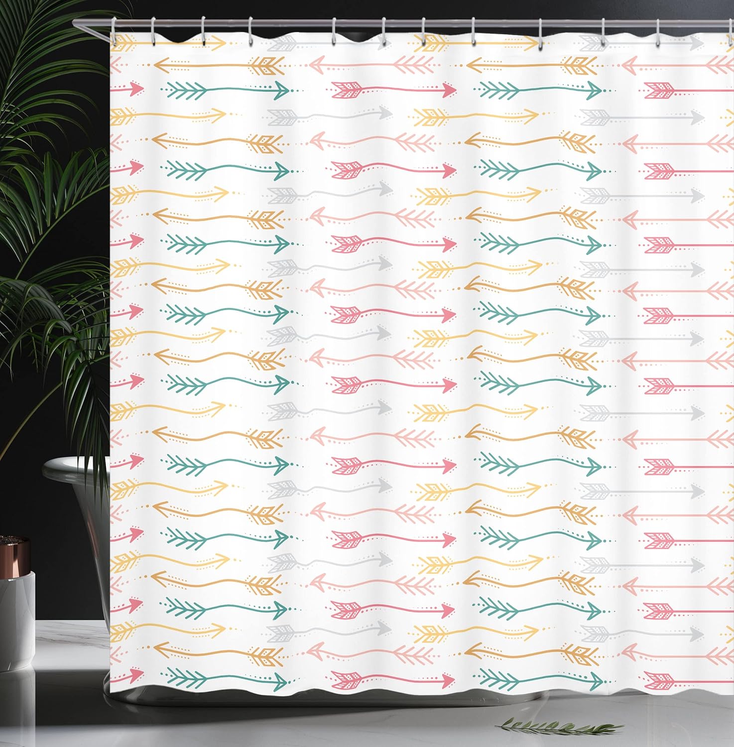 Ambesonne Boho Shower Curtain, Retro Arrow Pattern in Horizontal Line Heading to Opposite Directions Art, Cloth Fabric Bathroom Decor Set with Hooks, 69" W x 70" L, Pink Teal