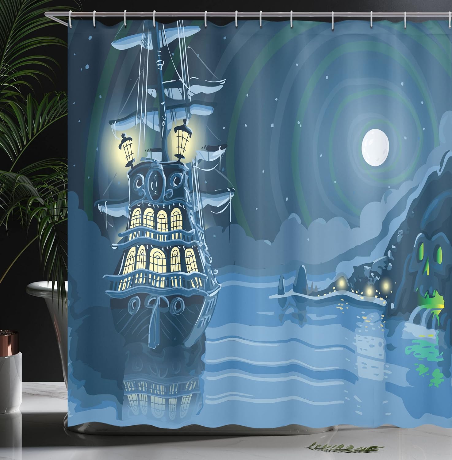 Ambesonne Nautical Shower Curtain, Detailed Illustration of Nocturnal Adventure Island with Anchored Pirate Ship and Moon, Cloth Fabric Bathroom Decor Set with Hooks, 69" W x 84" L, Aqua Blue